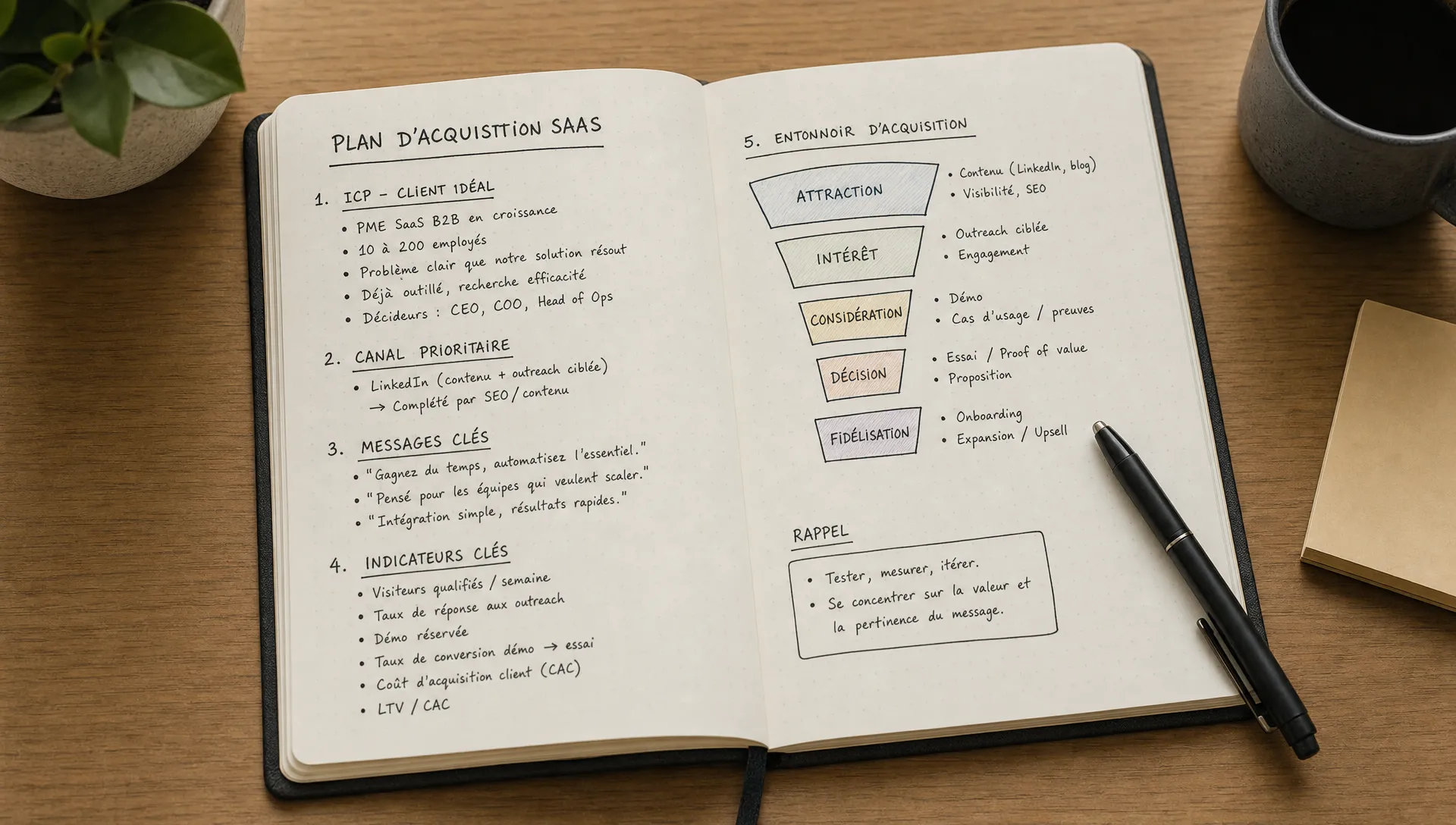 Un carnet ouvert sur une table avec un plan d’acquisition SaaS, des notes sur l’ICP, le canal prioritaire, les messages et les indicateurs, et un entonnoir schématisé à côté.