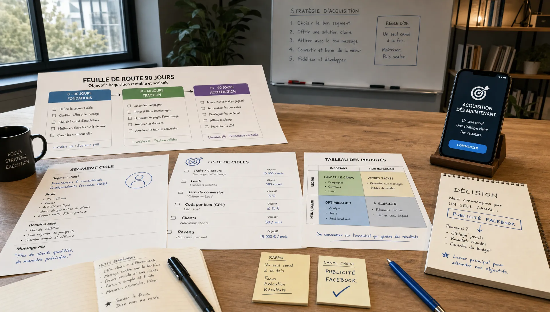 Une vue large en intérieur d’un bureau de travail avec plusieurs éléments de planification posés sur une grande table : une feuille de route 90 jours, une liste de cibles, un tableau de priorités, quelques notes manuscrites et un téléphone affichant un message d’acquisition orienté vers l’écran. Aucune personne visible. L’ensemble doit évoquer une stratégie claire, le choix d’un segment et la décision de commencer par un seul canal.