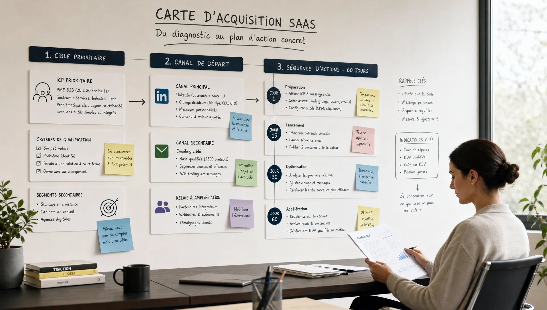 Une scène large en intérieur montrant un mur de planification avec une carte d’acquisition SaaS structurée en trois blocs visibles : cible prioritaire, canal de départ et séquence d’actions sur 60 jours, avec des fiches, des flèches et quelques notes manuscrites. Une personne est assise de profil au bord de la scène, en train de relire un document, tandis qu’une fenêtre latérale apporte une lumière douce. L’ensemble doit évoquer la clarté stratégique, la priorisation et le passage d’un diagnostic à un plan concret.