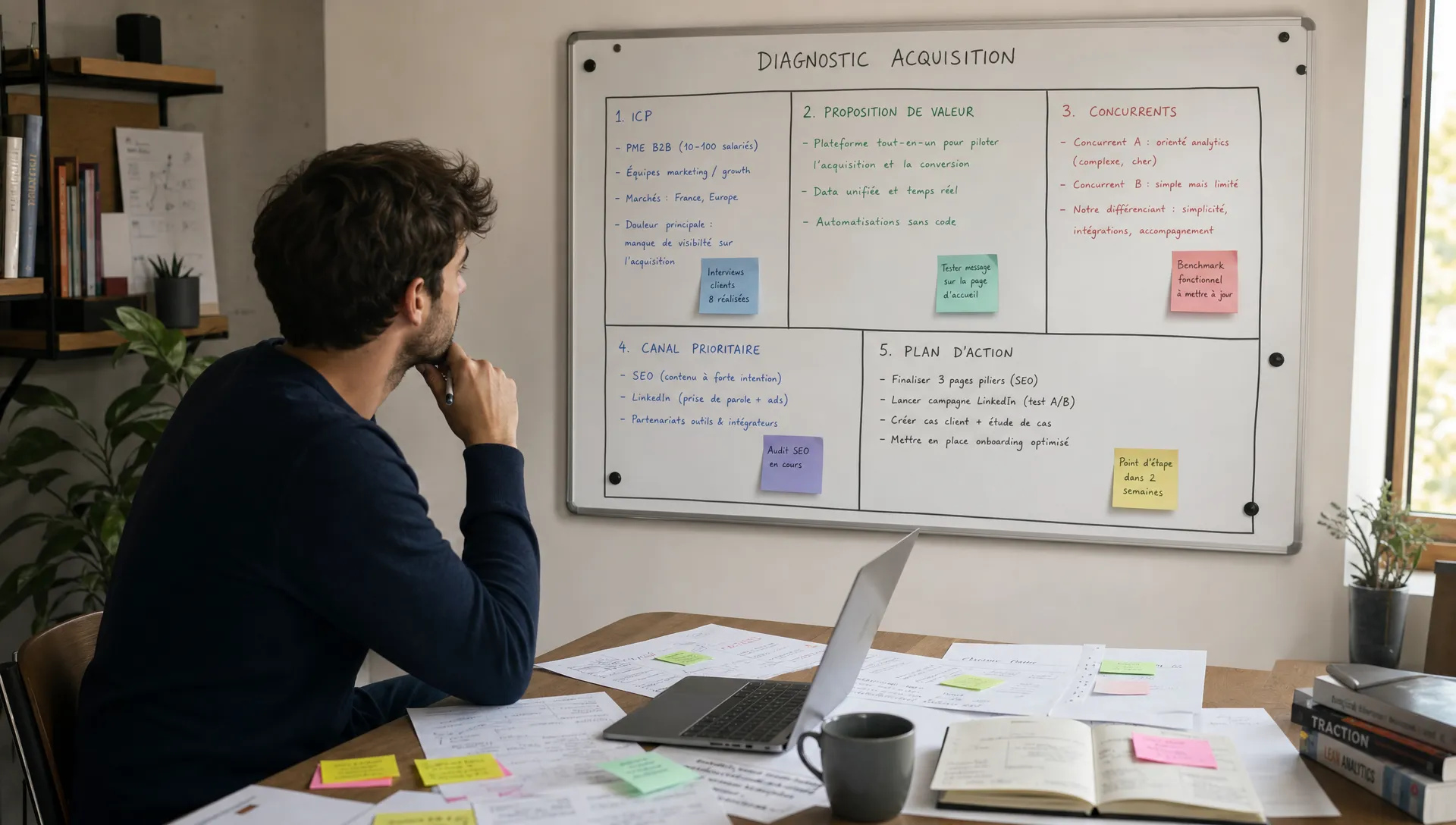 Un fondateur SaaS observe un tableau de diagnostic d’acquisition avec les sections ICP, proposition de valeur, concurrents, canal prioritaire et plan d’action, dans un espace de travail intérieur avec des notes de recherche client étalées sur une table.