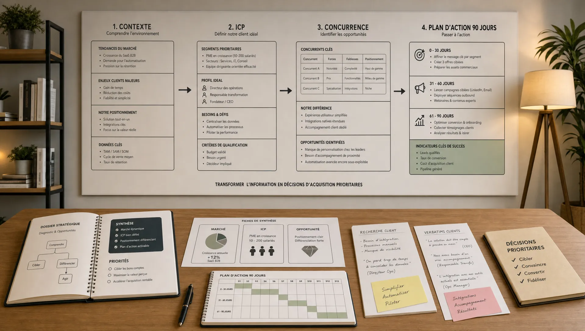 Une scène large en intérieur montrant un espace de diagnostic stratégique pour un SaaS avec un grand panneau de travail structuré en quatre zones claires : contexte, ICP, concurrence et plan d’action à 90 jours, reliées par des flèches simples. Au premier plan, une table sobre avec un dossier ouvert, des fiches de synthèse, un calendrier de suivi et quelques notes de recherche client. Aucun écran visible, aucune personne visible. L’ensemble doit évoquer la transformation d’informations dispersées en décisions d’acquisition prioritaires.