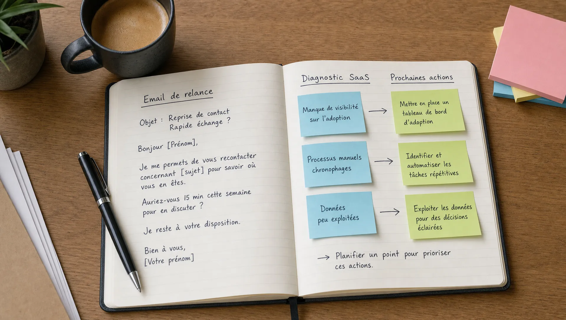 Un carnet de notes ouvert sur un bureau avec une structure simple d’email de relance, un stylo, une tasse de café et quelques post-it représentant un diagnostic SaaS transformé en prochaines actions.