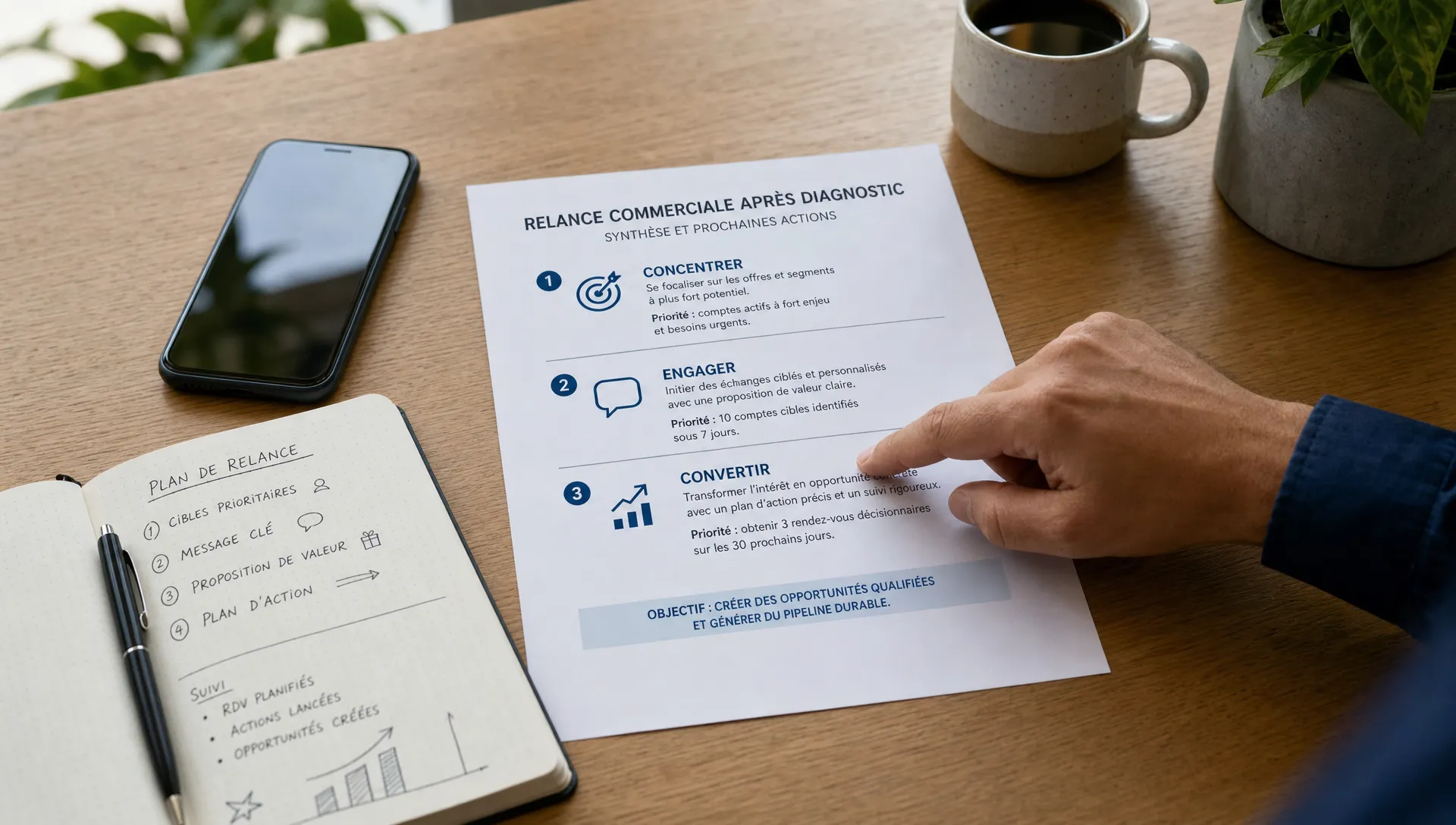Une scène large en intérieur montrant une table de travail consacrée à la relance commerciale après diagnostic : une feuille imprimée avec une synthèse en trois points, un smartphone posé à côté, un carnet ouvert avec des repères simples et une main en train de pointer une phrase clé sur le document, sans montrer le visage de la personne. L’ensemble doit évoquer la clarté, la priorisation et la transformation d’une analyse en prochaine action concrète.