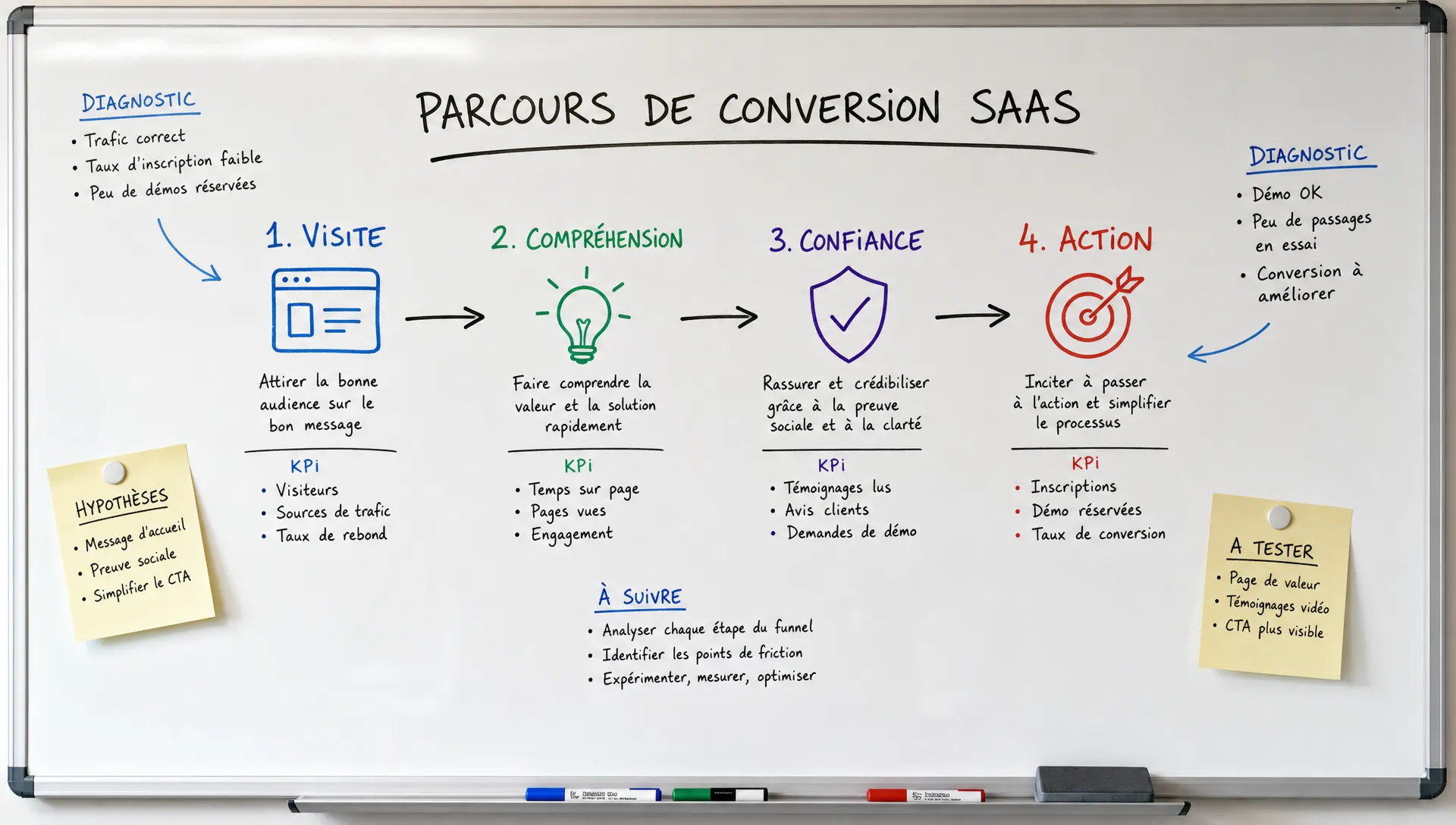 Un tableau blanc vu de face montre un parcours de conversion SaaS découpé en étapes simples : visite, compréhension, confiance et action, avec quelques notes de diagnostic autour.