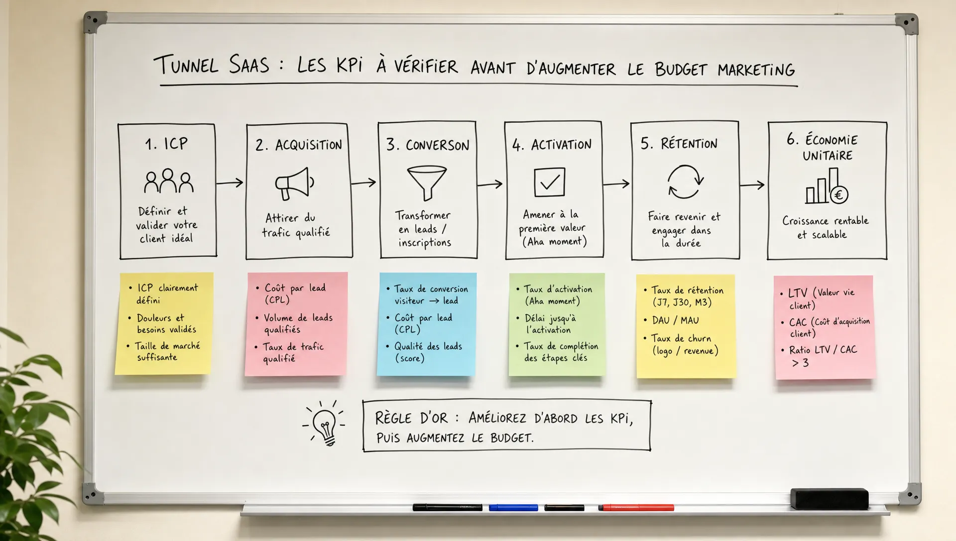 Un tableau blanc montre un tunnel SaaS simple avec les étapes ICP, acquisition, conversion, activation, rétention et économie unitaire. Des notes adhésives indiquent les KPI clés à vérifier avant d’augmenter le budget marketing.