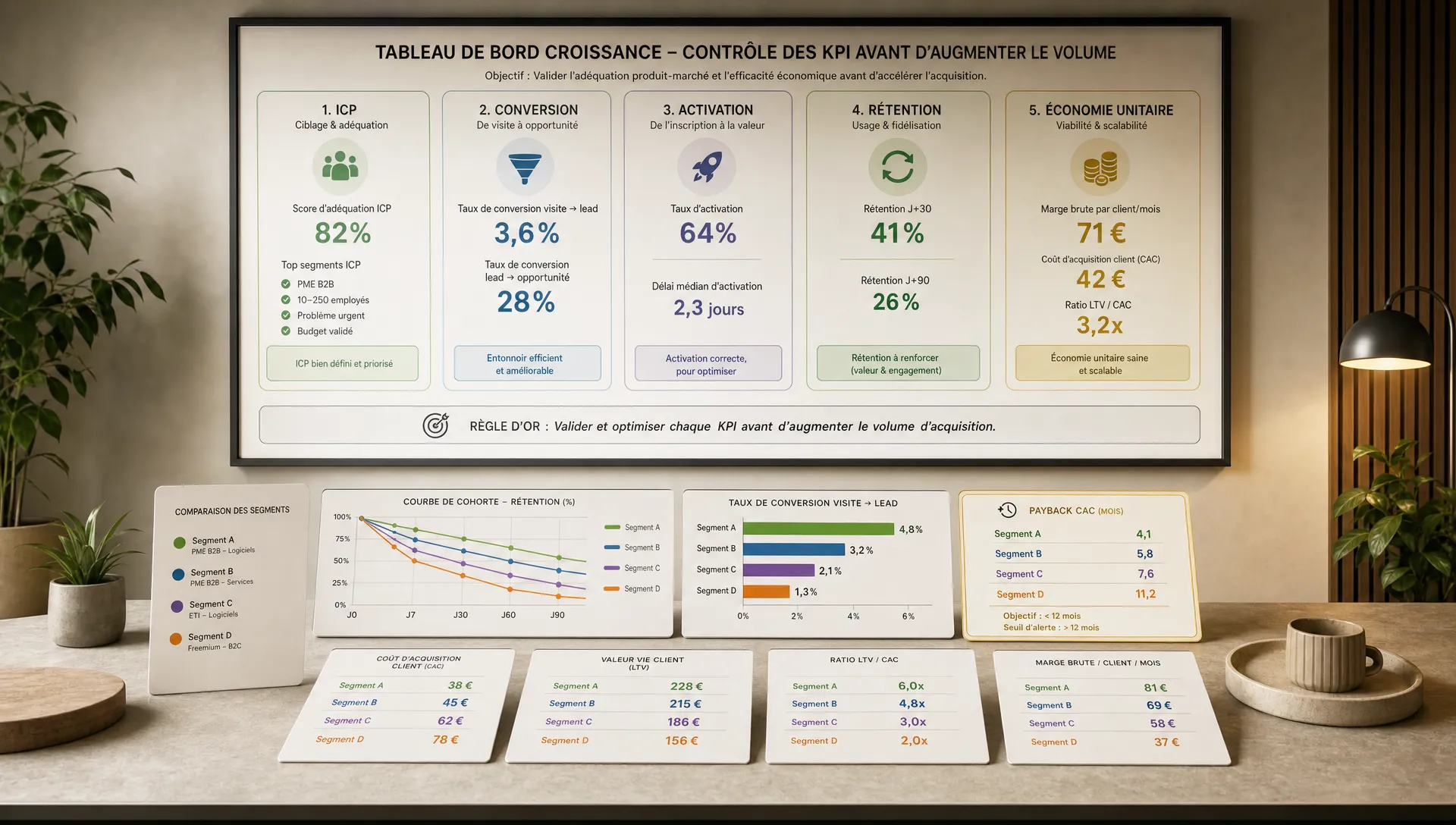 Une vue large en intérieur montrant un grand tableau de suivi financier et produit posé sur un mur, avec cinq zones lisibles qui résument ICP, conversion, activation, rétention et économie unitaire. Au premier plan, un petit ensemble de cartes et de graphiques simples compare plusieurs segments de clients, avec une courbe de cohorte, un ratio de conversion et un indicateur de payback mis en évidence. Aucun écran visible, aucune personne visible. L’ensemble doit évoquer le contrôle des KPI avant d’augmenter le volume d’acquisition, plutôt qu’un bureau de travail classique.