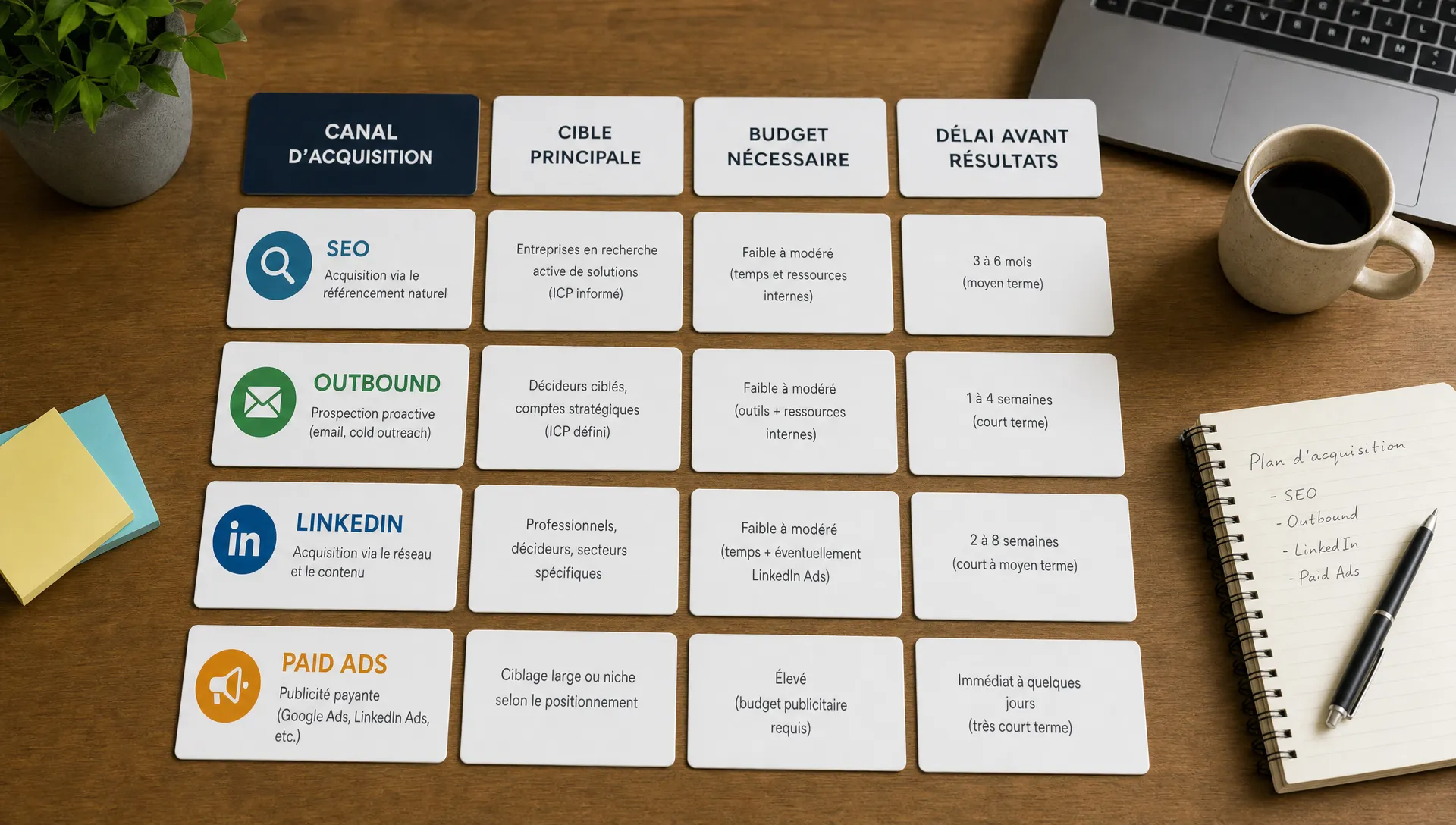 Une table de travail vue en légère plongée avec des cartes représentant différents canaux d’acquisition SaaS, comme SEO, outbound, LinkedIn et paid ads, disposées en tri simple selon la cible, le budget et le délai de résultat.