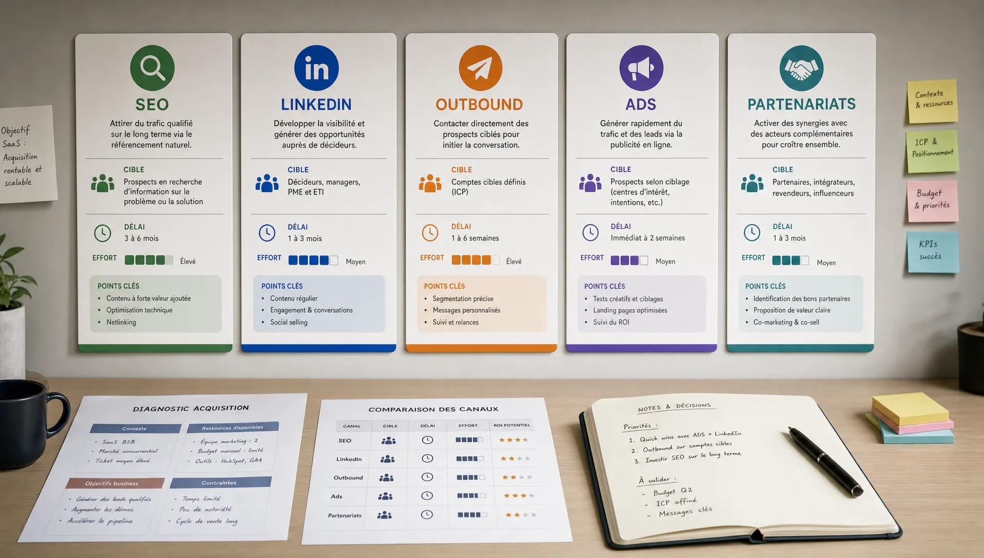 Une scène large en intérieur montrant plusieurs panneaux ou cartes de canaux d’acquisition alignés sur un mur ou un présentoir, avec des repères visuels distincts pour SEO, LinkedIn, outbound, ads et partenariats, reliés à des indications simples de cible, délai et effort. Au premier plan, une table sobre avec quelques fiches de diagnostic et un carnet ouvert, sans personne visible. L’ensemble doit évoquer le tri, la comparaison et le choix du canal adapté au contexte d’un SaaS.