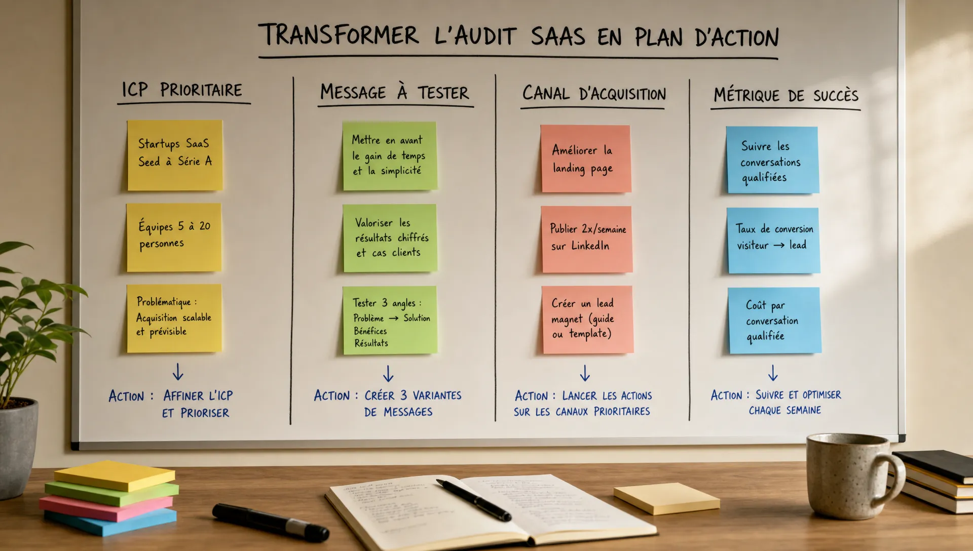 Un tableau de travail en intérieur montrant la transformation d’un audit SaaS en plan d’action, avec quatre colonnes intitulées ICP prioritaire, message à tester, canal d’acquisition et métrique de succès. Des post-its indiquent des actions concrètes comme améliorer la landing page, publier sur LinkedIn, créer un lead magnet et suivre les conversations qualifiées. Aucun écran visible, aucune personne visible.