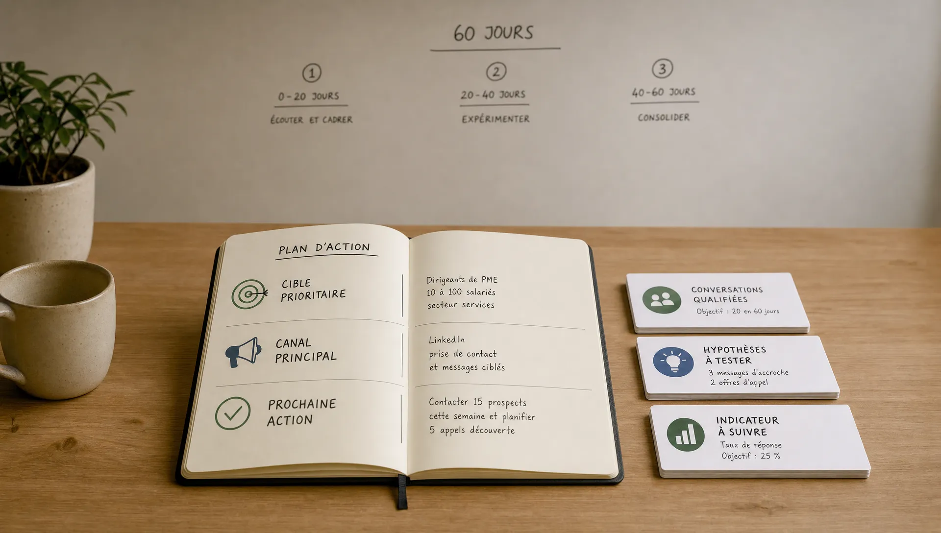 Une scène conceptuelle en intérieur montrant un carnet ouvert au centre d’une table simple, avec une page de plan d’action organisée en trois zones claires : cible prioritaire, canal principal et prochaine action. À côté, un petit ensemble de cartes de suivi affiche des repères sur les conversations qualifiées, les hypothèses à tester et l’indicateur à suivre. Au fond, un mur sobre reste presque vide, avec seulement quelques marqueurs discrets qui suggèrent une priorisation sur 60 jours. Aucun écran visible, aucune personne visible. L’ensemble doit évoquer le passage d’un audit gratuit à un plan d’exécution concret, pas un bureau saturé de notes.