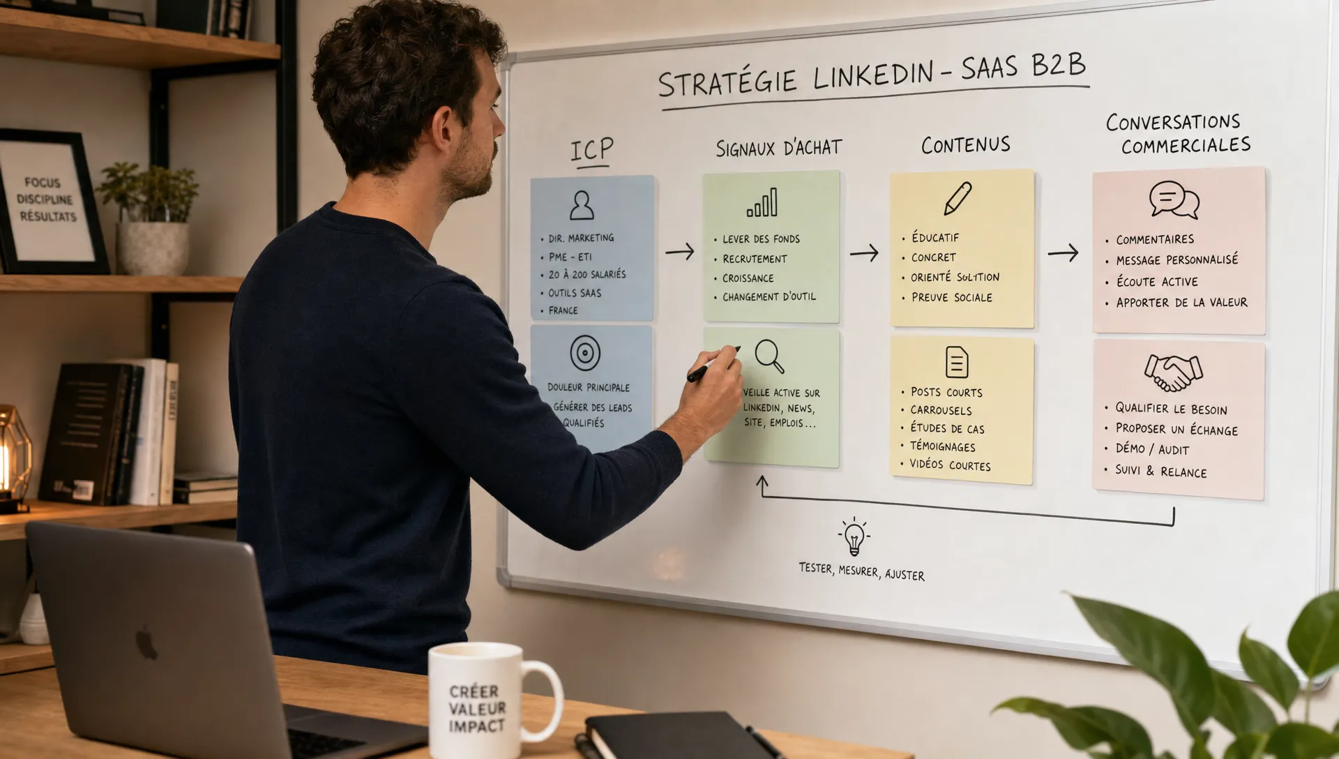 Un fondateur de SaaS B2B organise une stratégie LinkedIn sur un tableau blanc dans un petit espace de travail, avec des cartes représentant l’ICP, les signaux d’achat, les contenus et les conversations commerciales.