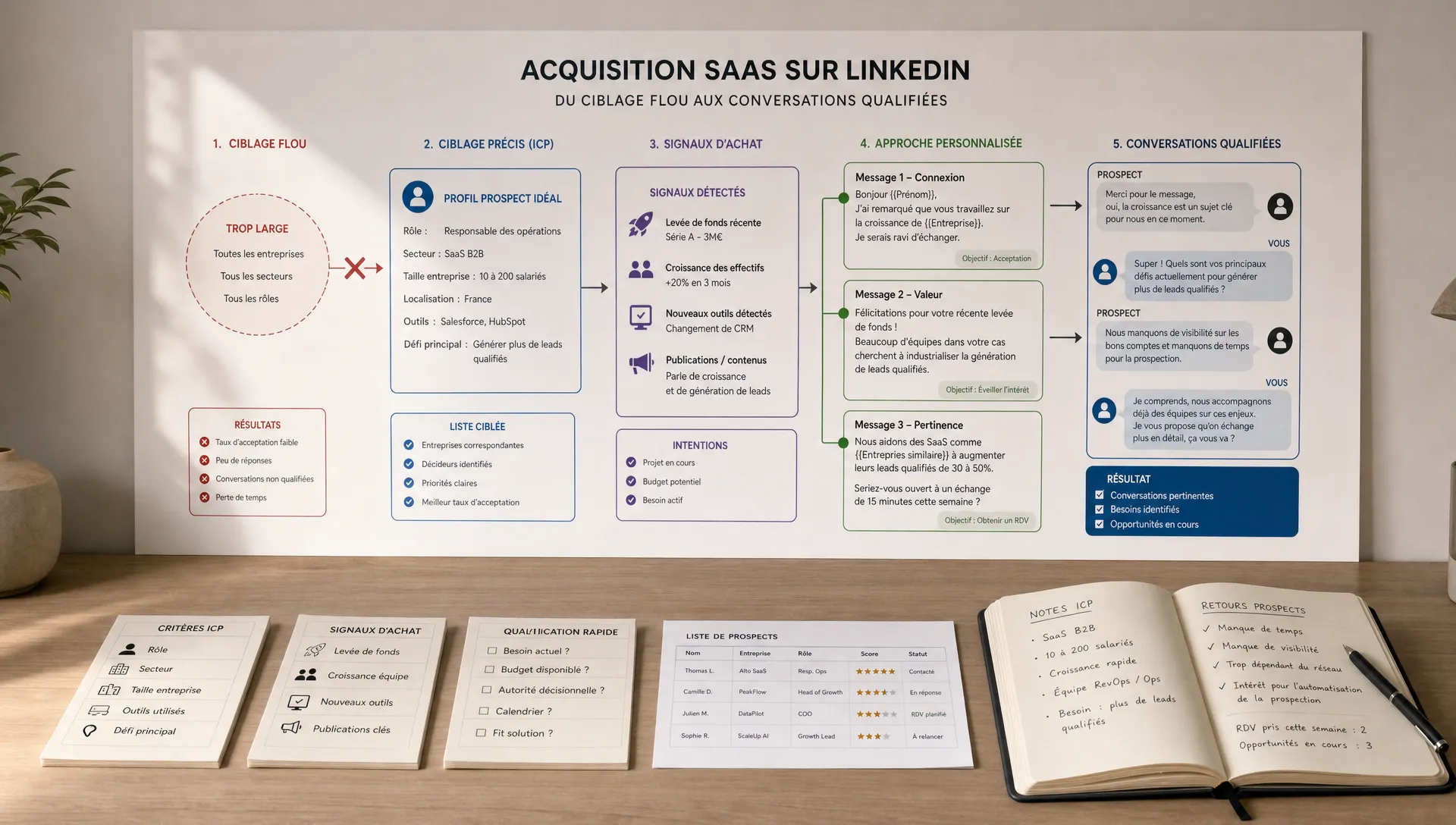Une scène conceptuelle en intérieur montrant une grande carte mentale de LinkedIn et d’acquisition SaaS affichée sur un mur simple, avec un profil prospect, des signaux d’achat, des bulles de conversation et une séquence de messages reliés par des traits clairs. Au premier plan, une table sobre présente quelques cartes de ciblage, une liste courte de prospects et un carnet ouvert avec des notes sur l’ICP et les réponses obtenues. Aucun écran visible, aucune personne visible. L’ensemble doit évoquer le passage d’un ciblage flou à des conversations qualifiées sur LinkedIn.