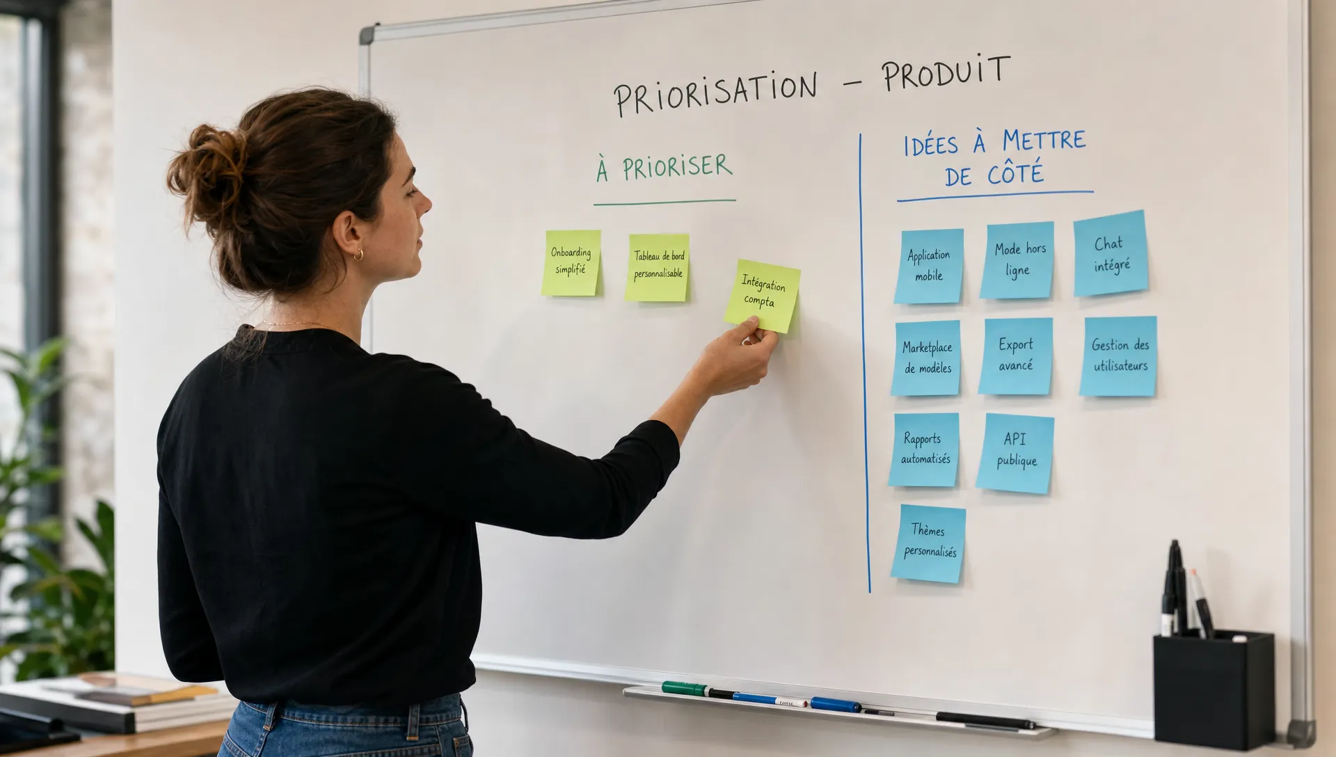 Une fondatrice SaaS de profil devant un tableau blanc, en train de déplacer quelques post-its vers une seule colonne prioritaire pendant que d’autres idées restent regroupées à l’écart pour montrer le tri des priorités.