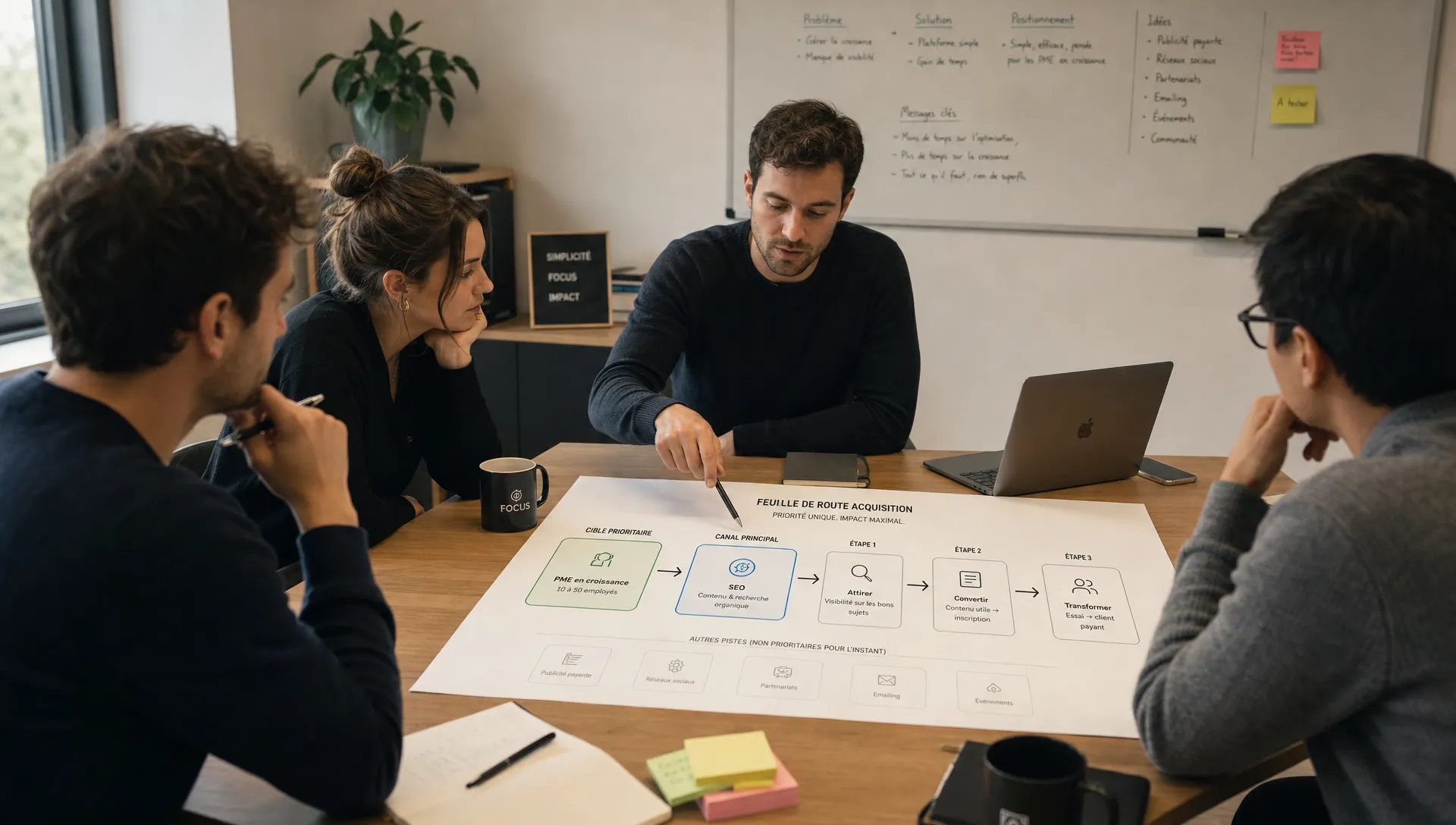 Une vue large d’une équipe fondatrice SaaS autour d’une table de travail, avec au centre une feuille de route d’acquisition simplifiée montrant une seule cible prioritaire, un canal principal et quelques étapes successives, tandis que des éléments secondaires restent en arrière-plan de façon floue. L’ensemble doit évoquer la clarté, l’ordre des priorités et la décision de ne pas tout lancer en même temps.