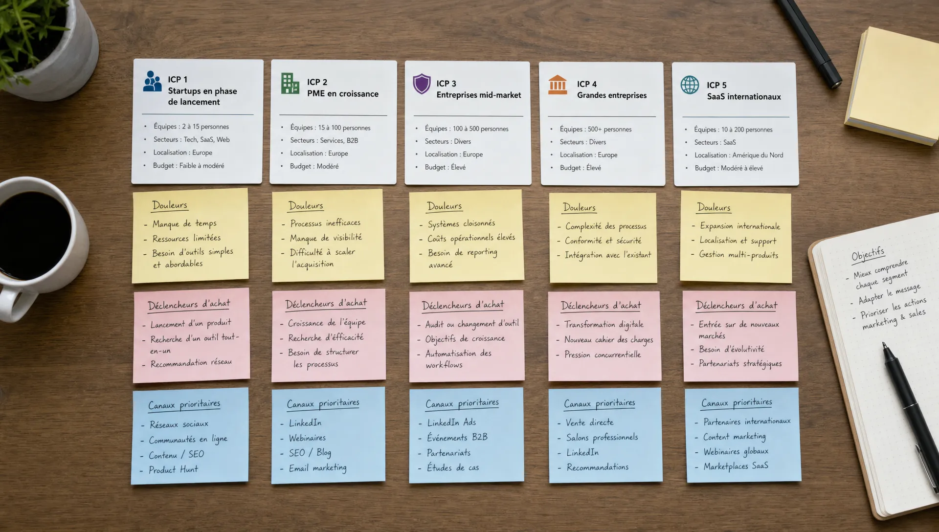 Une vue en plongée d’une table de travail avec des fiches regroupant différents segments ICP SaaS, des notes sur les douleurs clients, les déclencheurs d’achat et les canaux d’acquisition prioritaires, organisées en petits ensembles distincts.