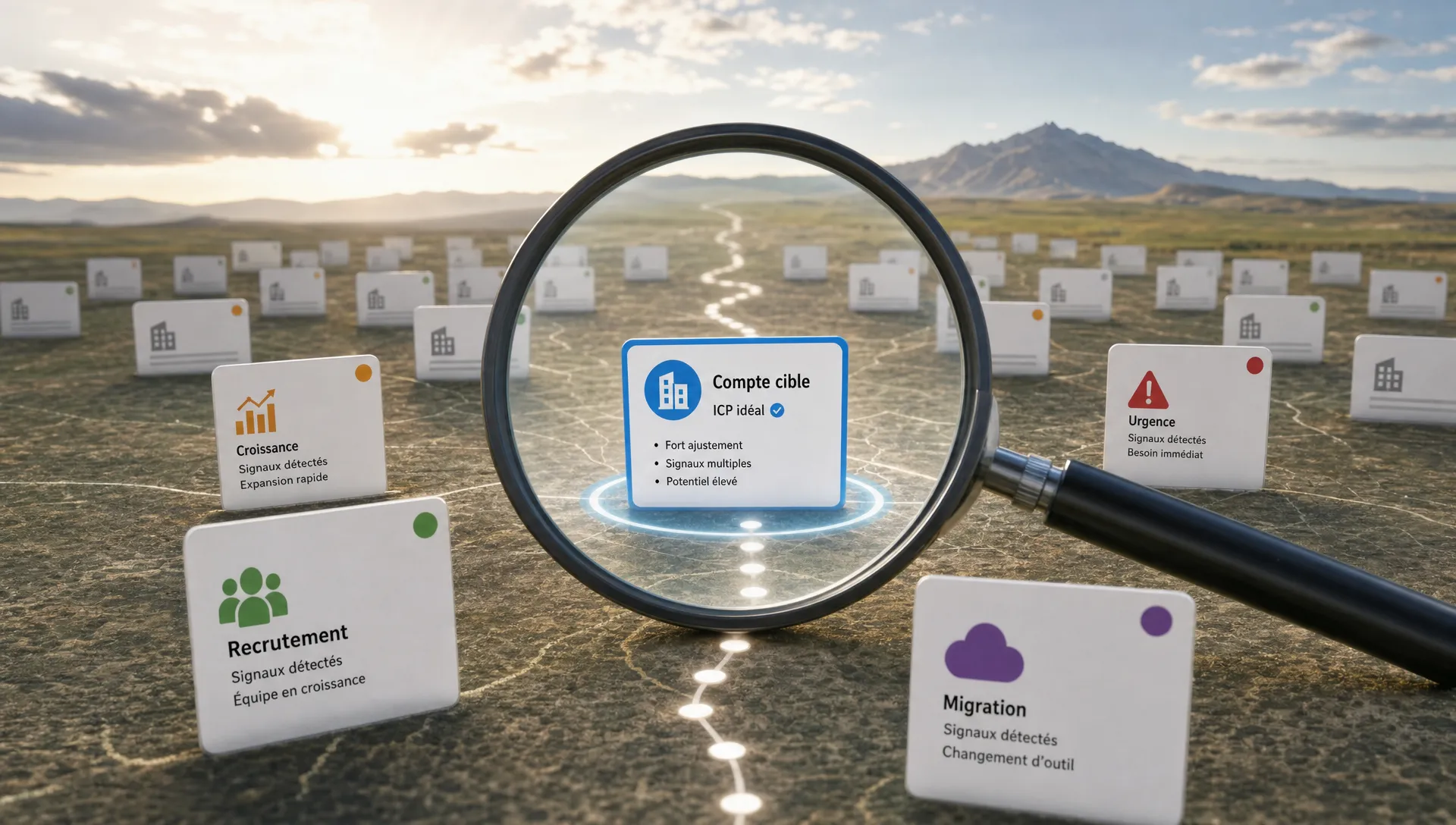 Une scène conceptuelle en extérieur montrant une grande loupe posée au-dessus de plusieurs cartes de comptes SaaS, certaines marquées par des signaux d’achat comme recrutement, croissance, migration ou urgence, avec un chemin discret qui mène vers un seul compte mis en évidence au centre. À l’arrière-plan, un paysage simple et ouvert suggère le passage d’un marché vague à une cible précise, sans bureau, sans mur de notes et sans personne visible. L’ensemble doit évoquer la définition d’un ICP SaaS exploitable avant de choisir le canal de départ.
