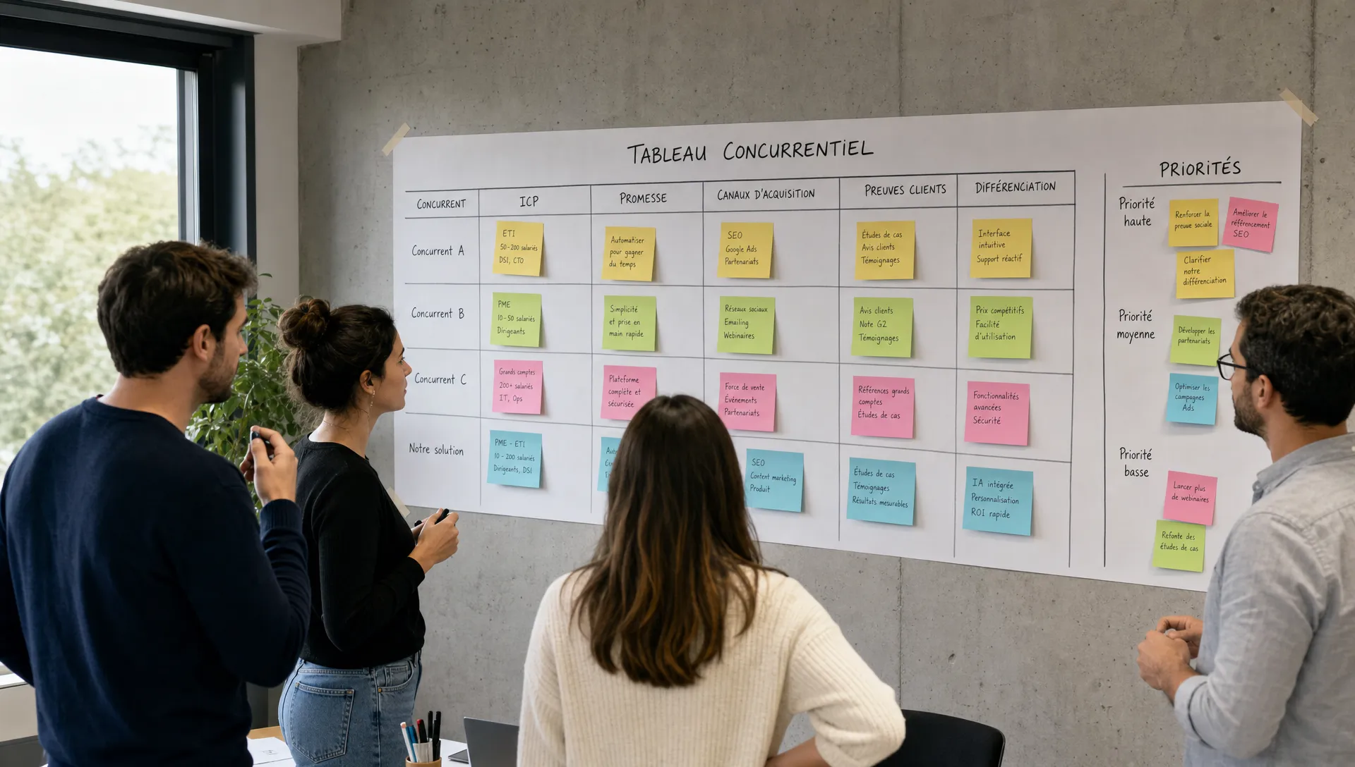 Une équipe SaaS analyse un tableau concurrentiel avec des colonnes pour ICP, promesse, canaux d’acquisition, preuves clients et différenciation, avec des notes regroupées par priorité sur un mur de bureau.