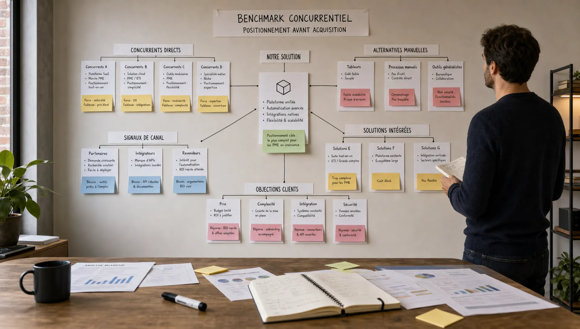 Une scène large en intérieur montrant un tableau de benchmark concurrentiel sur un mur, avec plusieurs cartes reliées par des lignes : concurrents directs, alternatives manuelles, solutions intégrées, signaux de canal et objections clients. Une personne debout observe le tableau en tenant quelques notes, tandis qu’une table au premier plan contient des documents éparpillés, un carnet et un marqueur. L’ensemble doit évoquer l’analyse, le tri des options et la décision de positionnement avant l’acquisition.