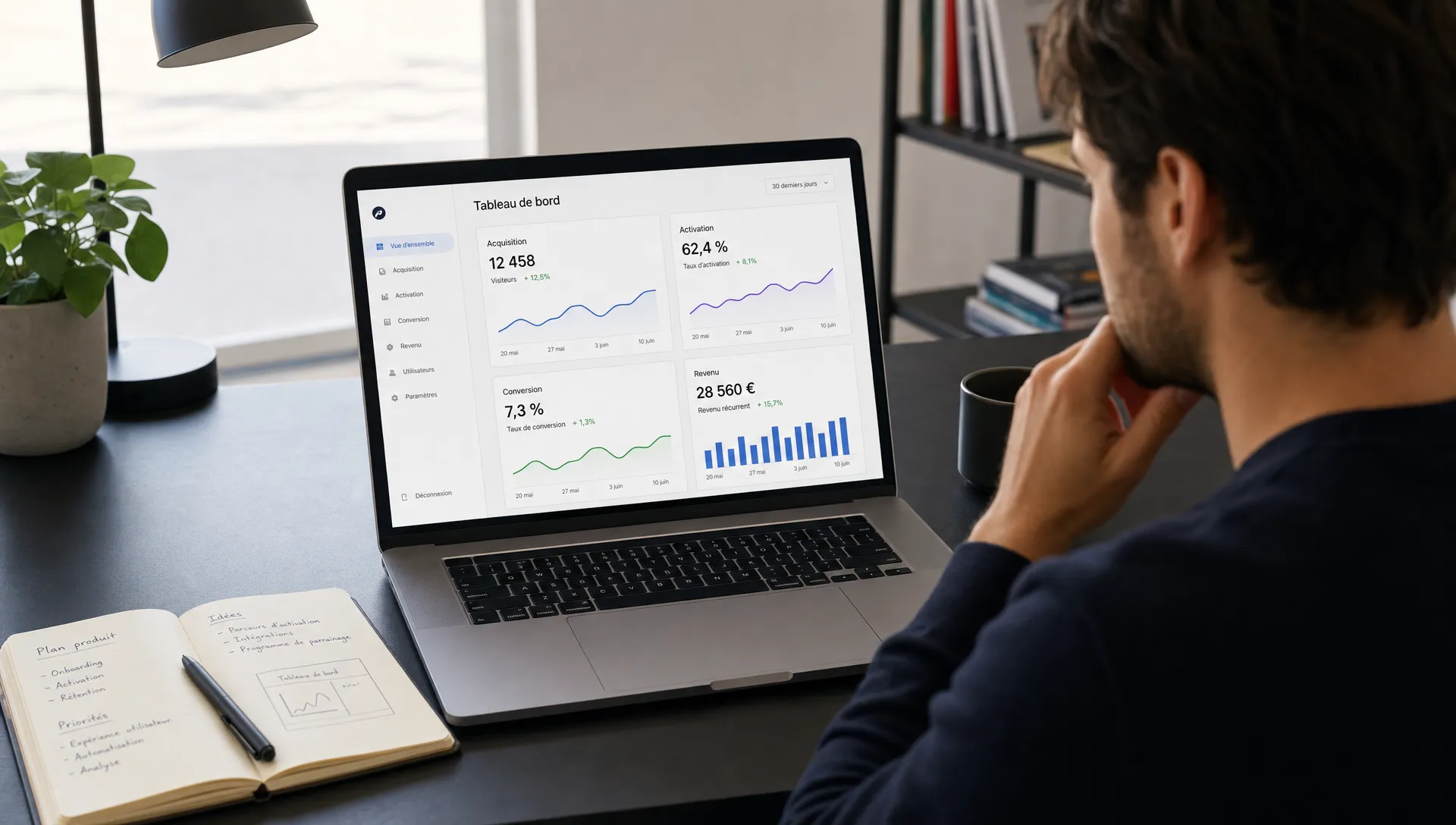 Un fondateur SaaS regarde un tableau de bord simple sur un ordinateur portable posé sur un bureau sobre, avec des graphiques clairs pour acquisition, activation, conversion et revenu, et un carnet de notes ouvert à côté.