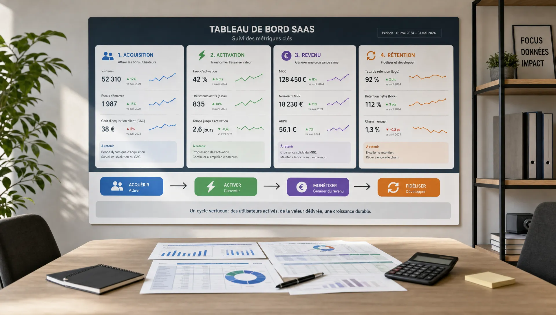 Une scène large en intérieur montrant un tableau de suivi de métriques SaaS sur un mur ou un panneau, avec quatre zones clairement séparées pour acquisition, activation, revenu et rétention, reliées par des flèches ou des annotations simples. Au premier plan, une table sobre avec quelques feuilles de calcul, un stylo et une calculatrice, sans personne visible. L’ensemble doit évoquer la lisibilité, la priorisation des indicateurs et la réduction du bruit dans le pilotage d’un SaaS.