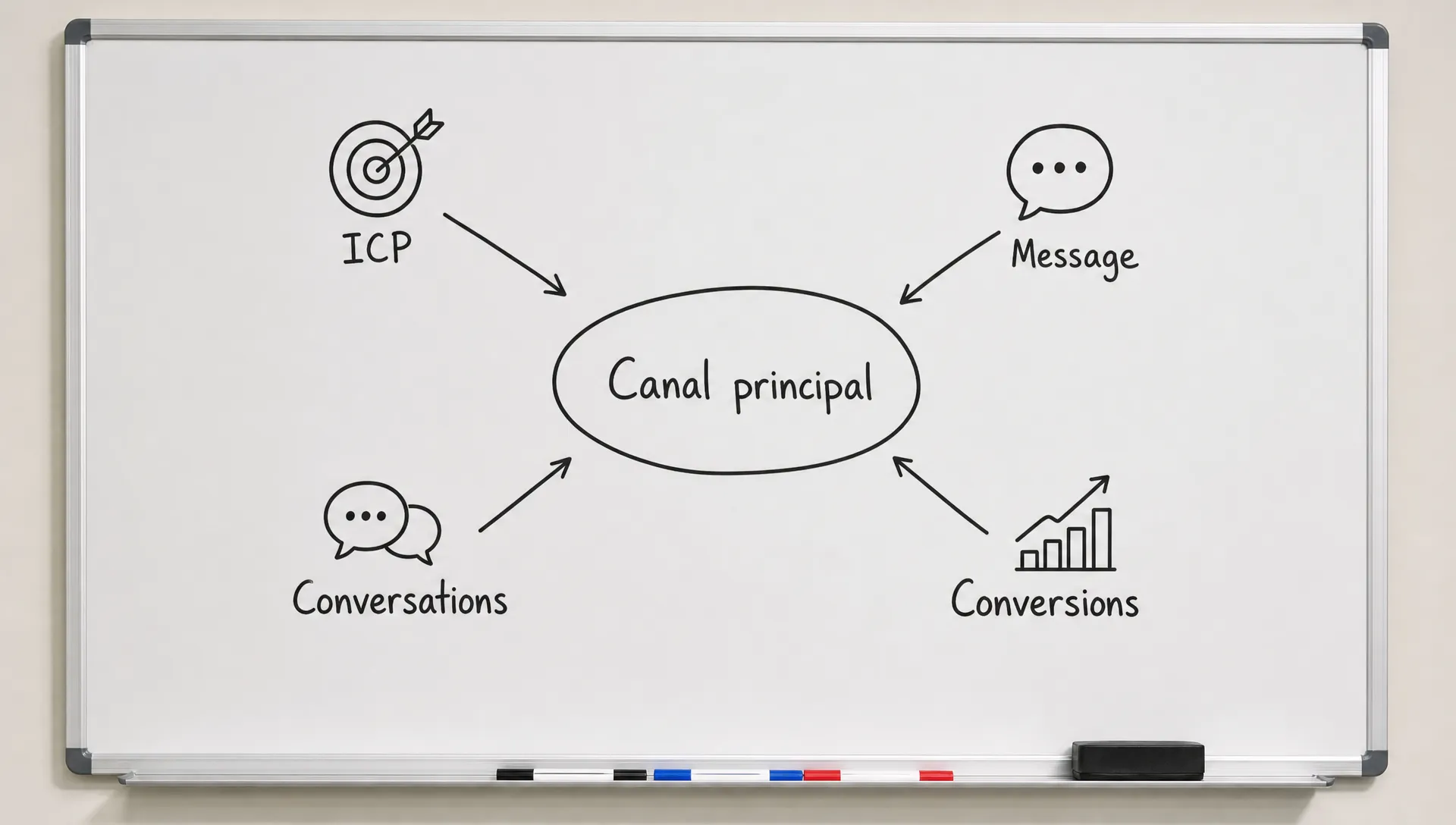Un tableau blanc vu de face avec un seul canal principal au centre, relié à quatre repères simples : ICP, message, conversations et conversions.