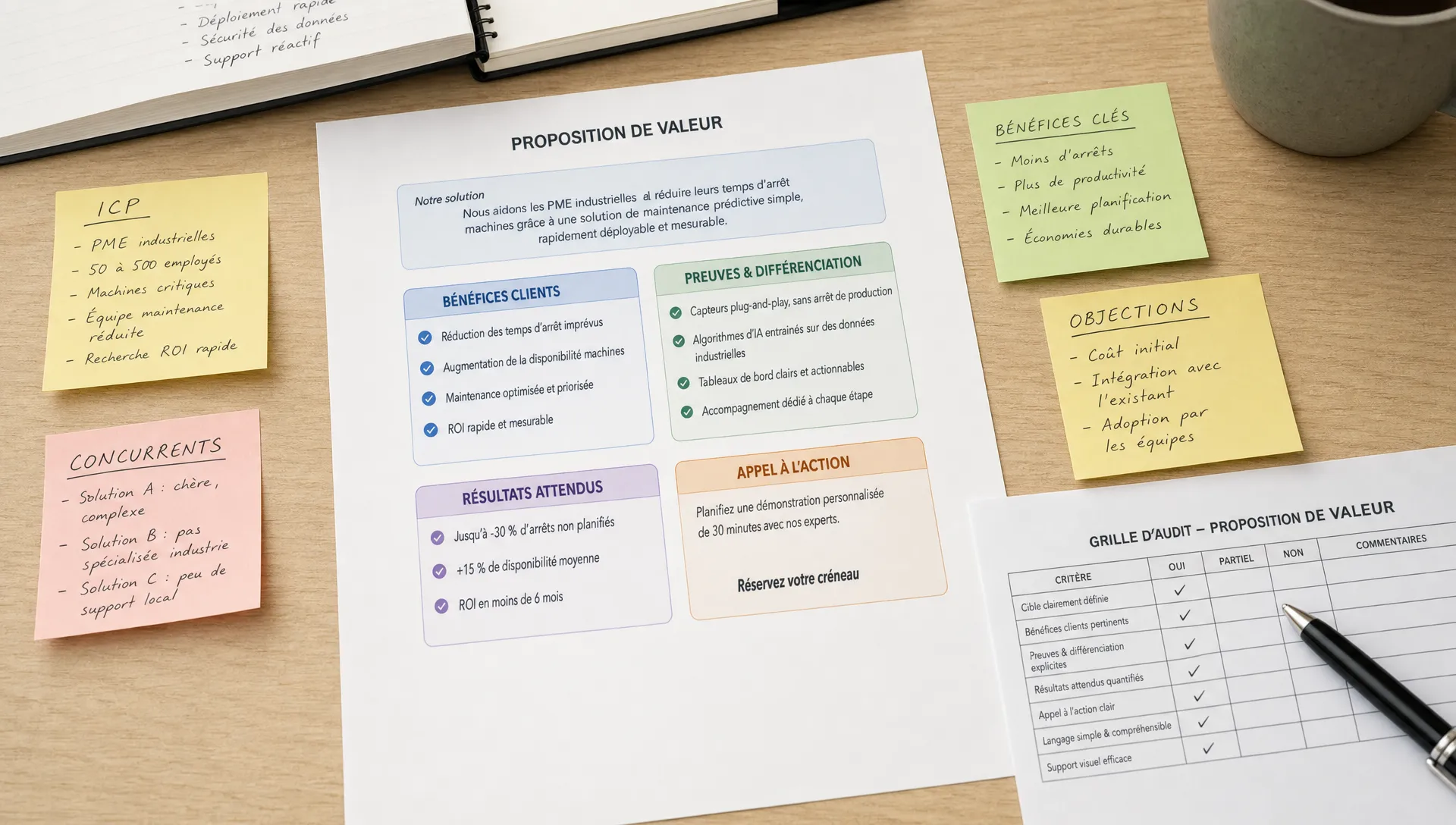 Une table de travail vue en légère plongée avec une page de proposition de valeur imprimée, des notes sur l’ICP, les concurrents, les bénéfices et les objections, et un stylo posé près d’une grille d’audit.