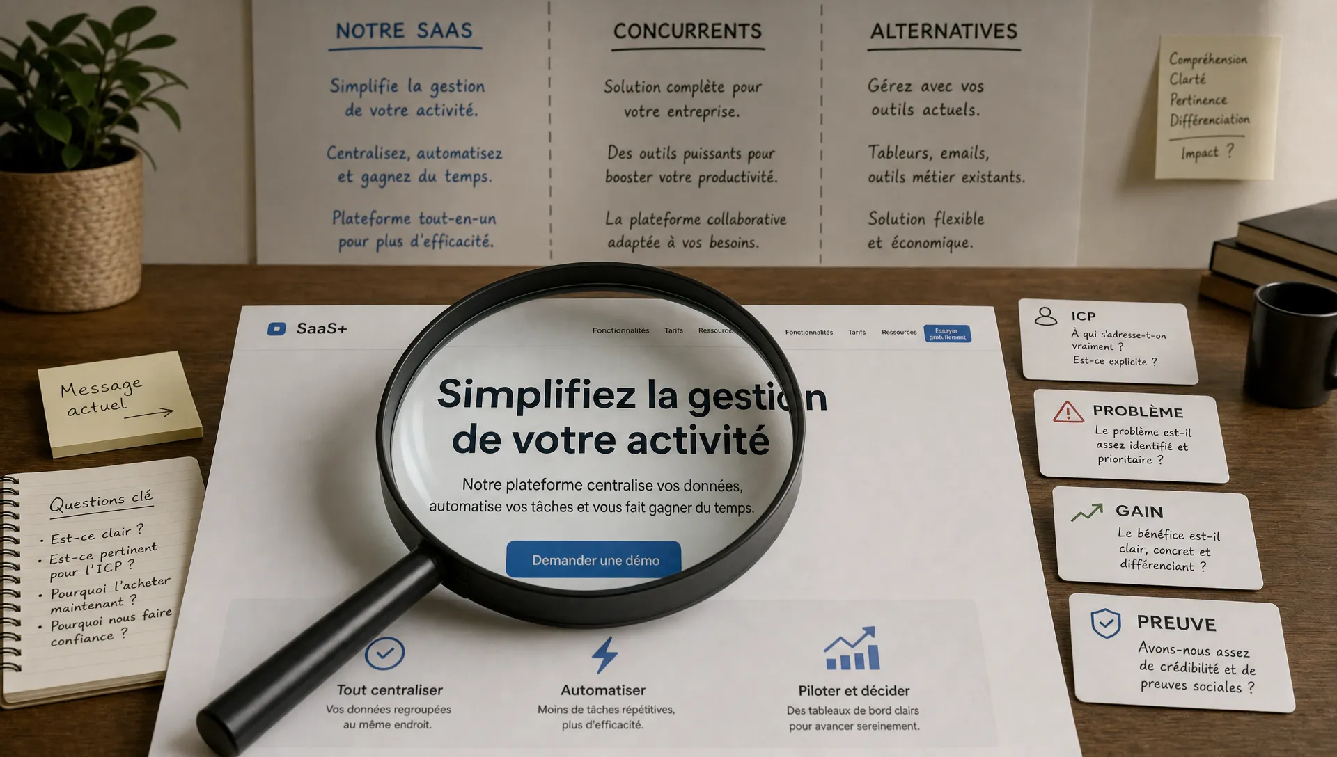 Une scène conceptuelle en intérieur montrant une grande loupe posée sur une page d’accueil SaaS imprimée, avec le haut de page, le sous-titre et un CTA visibles comme s’ils étaient passés au crible. Autour, quelques cartes de diagnostic montrent des phrases courtes sur l’ICP, le problème, le gain et la preuve, tandis qu’au fond un mur simple présente trois colonnes comparant le message du SaaS à ceux de concurrents et d’alternatives. Aucun écran visible, aucune personne visible. L’ensemble doit évoquer l’audit d’une proposition de valeur et la recherche de ce qui bloque la compréhension du prospect.