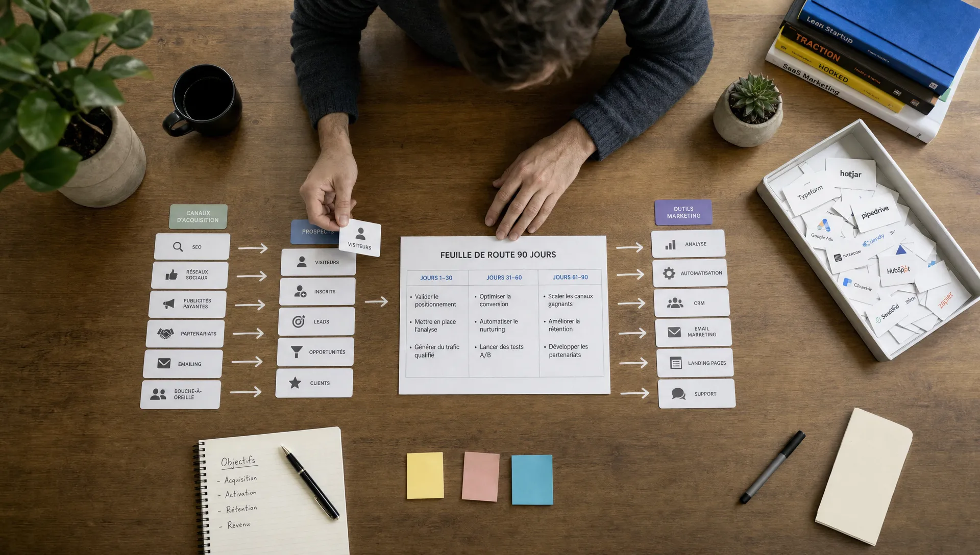 Un fondateur de SaaS organise des cartes représentant des canaux d’acquisition, des prospects et des outils marketing, avec une pile d’outils mise de côté et une feuille de route simple au centre de la table, dans un espace de travail vu en plongée.