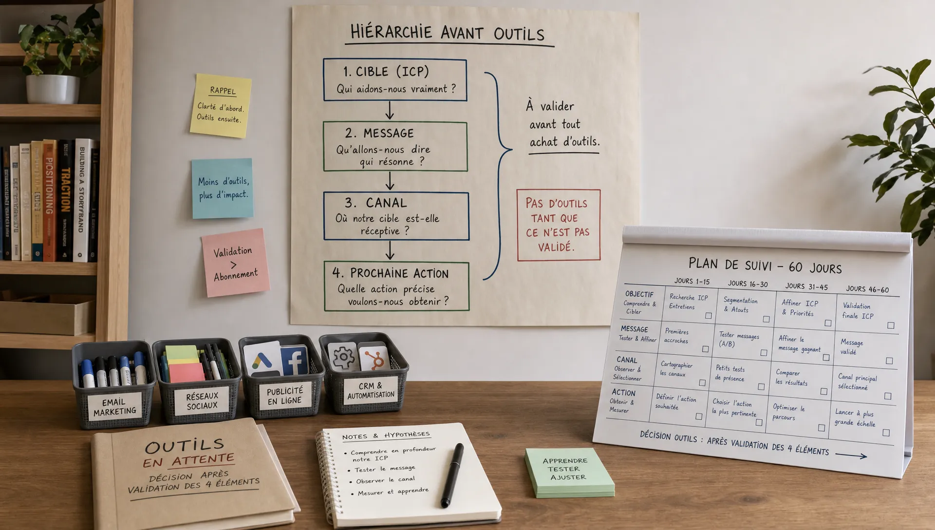 Une scène large en intérieur montrant une table de travail simple avec des outils marketing symboliques rangés en quelques groupes, un tableau papier au mur indiquant une hiérarchie claire entre cible, message, canal et prochaine action, et un calendrier de suivi sur 60 jours posé à côté. Aucun écran visible, aucune personne visible. L’ensemble doit évoquer le fait de différer les achats d’outils tant que l’ICP, le canal et le message ne sont pas encore validés.