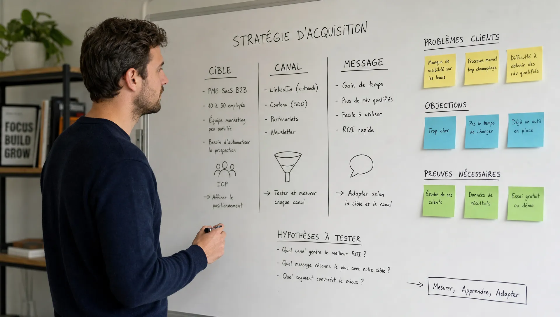 Un fondateur SaaS debout près d’un tableau blanc analyse trois colonnes intitulées cible, canal et message, avec des notes autour sur les problèmes clients, les objections et les preuves nécessaires pour adapter une stratégie d’acquisition.