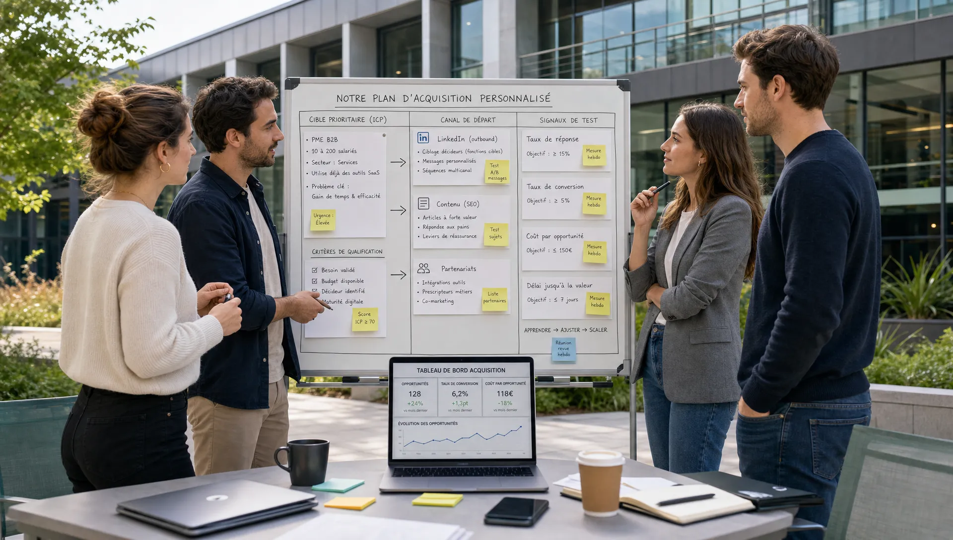 Une scène large en extérieur devant une façade de bureaux modernes, montrant une équipe fondatrice SaaS en discussion autour d’un panneau mobile de stratégie avec des cartes et notes sur la cible prioritaire, le canal de départ et les signaux de test, avec un ordinateur portable ouvert sur une table dont l’écran fait face à la caméra. L’ensemble doit évoquer le diagnostic, le choix d’un ICP et la décision d’un plan d’acquisition personnalisé, avec une ambiance claire et structurée.