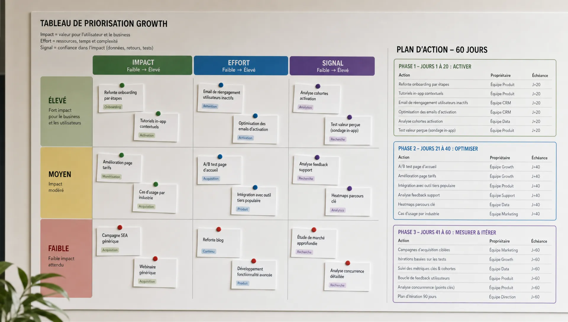 Un tableau de priorisation growth sur un mur, avec des cartes classées par impact, effort et signal, représentant un plan d’action SaaS sur 60 jours.