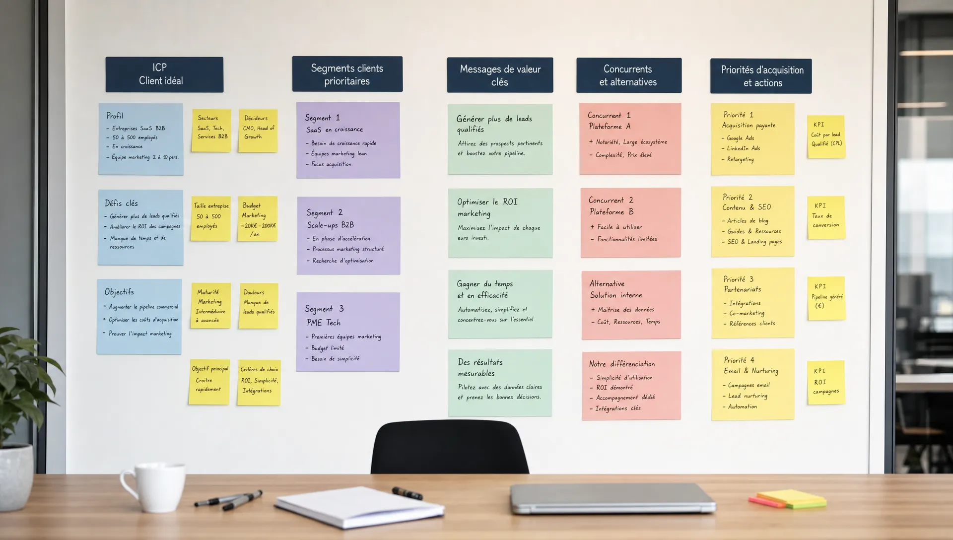 Mur de travail stratégique avec cartes sur l’ICP, les segments clients, les messages de valeur, les concurrents et les priorités d’acquisition, vu en face dans un espace de réunion.