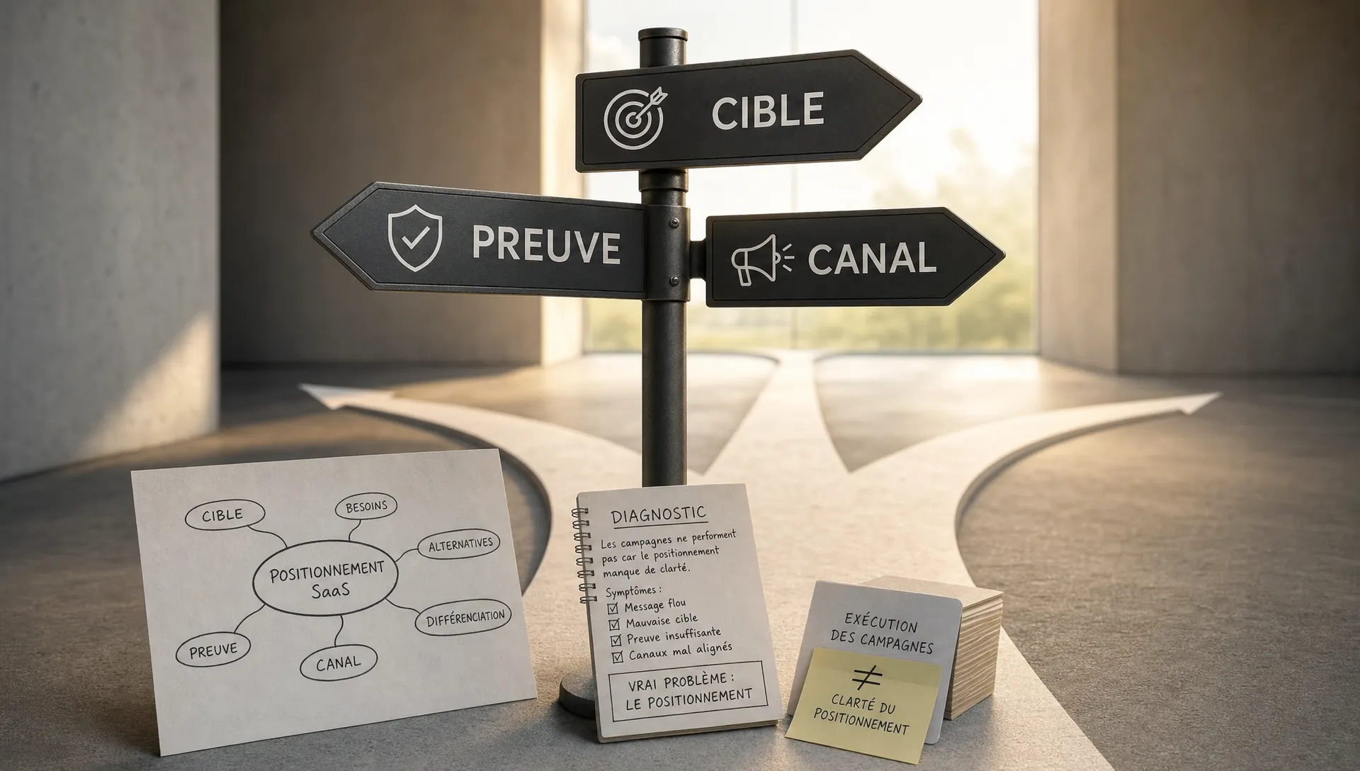 Une scène conceptuelle en intérieur montrant un grand panneau de signalisation en trois directions, chacune étiquetée par une idée différente : cible, preuve et canal. Au pied du panneau, quelques indices visuels renvoient à un SaaS qui cherche son bon positionnement : une carte mentale simplifiée, une note de diagnostic et un chemin qui se divise en plusieurs options. Aucun bureau d’équipe, aucune table de réunion, aucune personne visible. L’ensemble doit évoquer le moment où un SaaS comprend que le vrai problème est le positionnement, pas seulement l’exécution des campagnes.