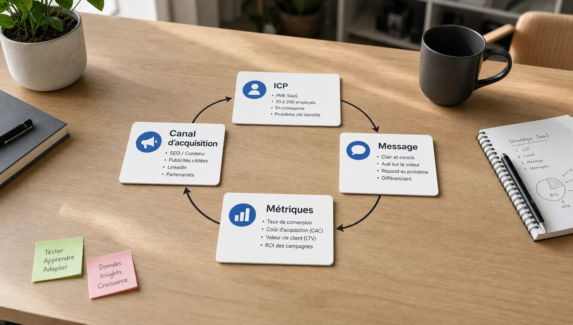 Une table de travail vue de trois quarts avec des cartes représentant un ICP, un canal d’acquisition, un message et des métriques, disposées en cercle pour montrer une stratégie SaaS personnalisée.