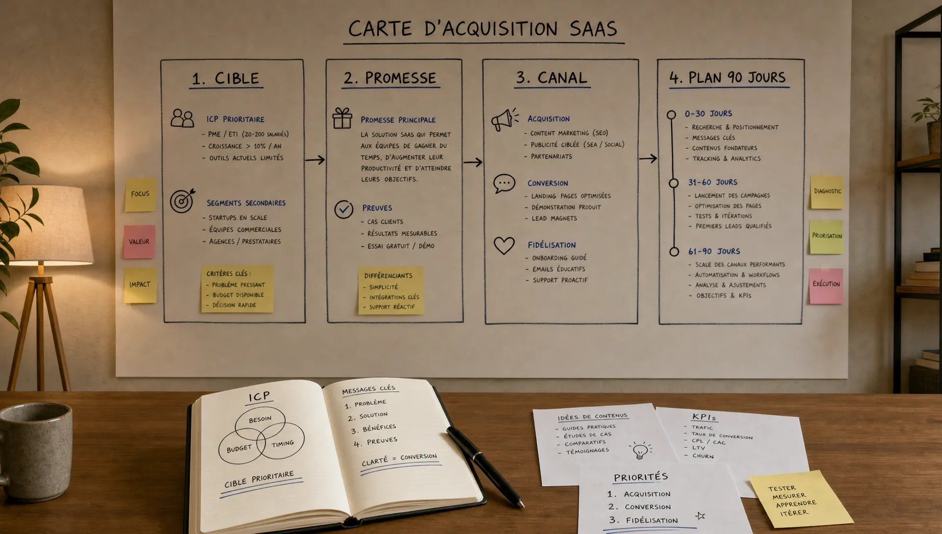 Une scène large en intérieur montrant un grand mur de réflexion stratégique avec une carte d’acquisition SaaS en quatre blocs bien séparés : cible, promesse, canal et plan 90 jours, reliés par des flèches simples. Au premier plan, une table sobre avec un carnet ouvert, quelques fiches annotées et un stylo. Aucun écran visible, aucune personne visible. L’ensemble doit évoquer le diagnostic, la priorisation et la logique d’un plan d’acquisition sur mesure.