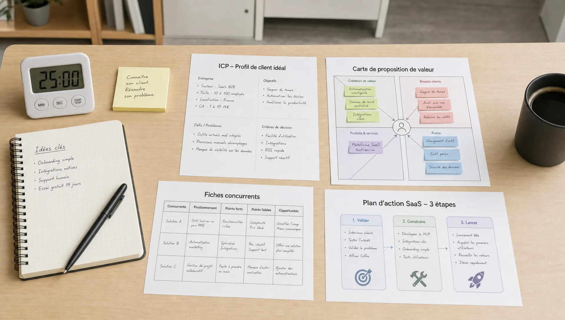 Une table de travail vue légèrement de dessus avec un minuteur, des notes sur l’ICP, une carte de proposition de valeur, des fiches de concurrents et un plan d’action SaaS en trois étapes, dans un espace intérieur sobre.