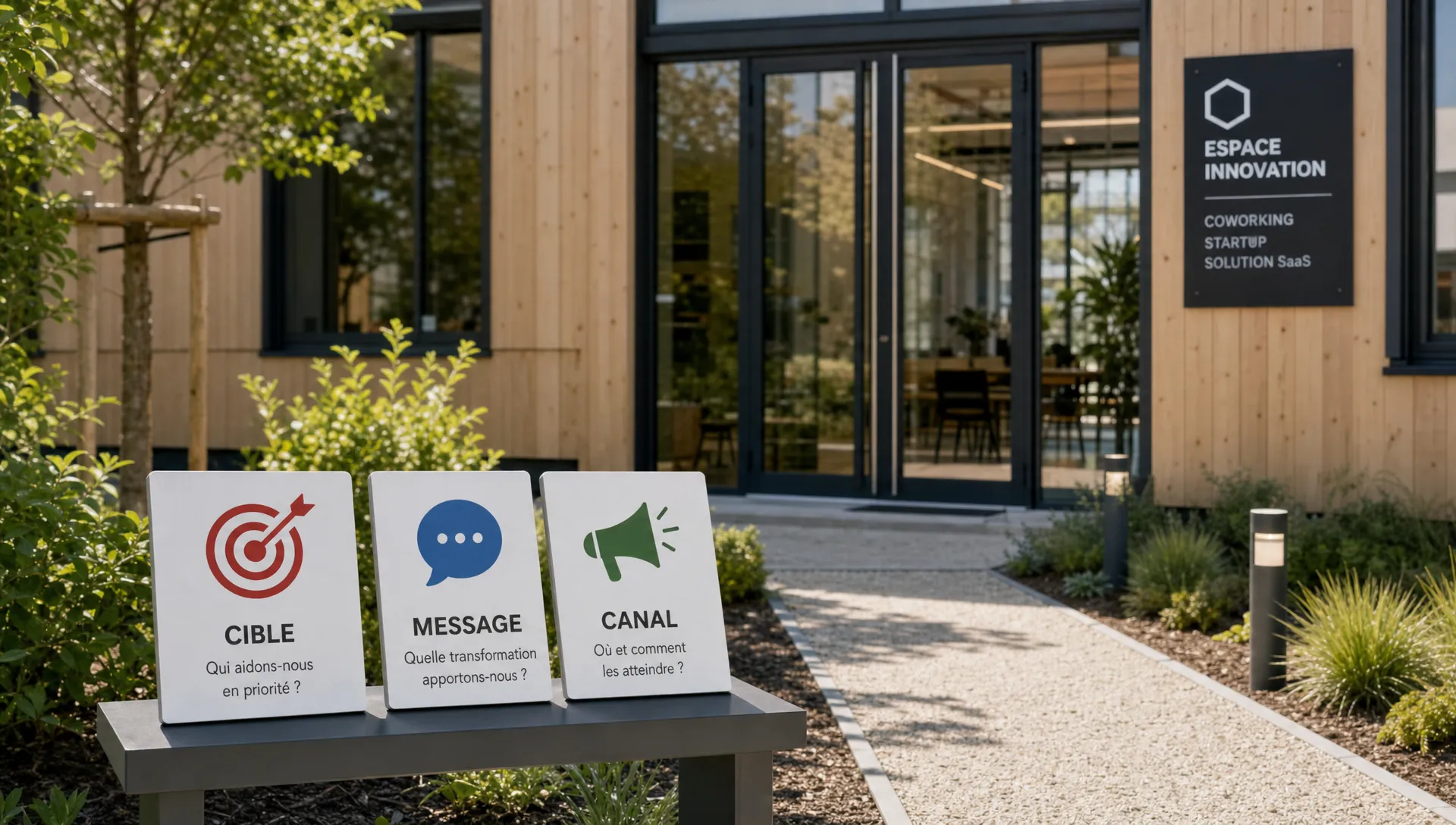 Une scène en extérieur montrant la façade d’un petit bâtiment moderne de coworking ou de startup avec une grande porte vitrée, un panneau indicateur simple et un chemin qui mène vers l’entrée, sans personne visible. Au premier plan, un support discret avec trois repères visuels symbolisant cible, message et canal, comme des cartes ou des panneaux de signalisation. L’ensemble doit évoquer le fait de choisir une direction d’acquisition claire pour un SaaS, plutôt qu’un bureau rempli de papiers.