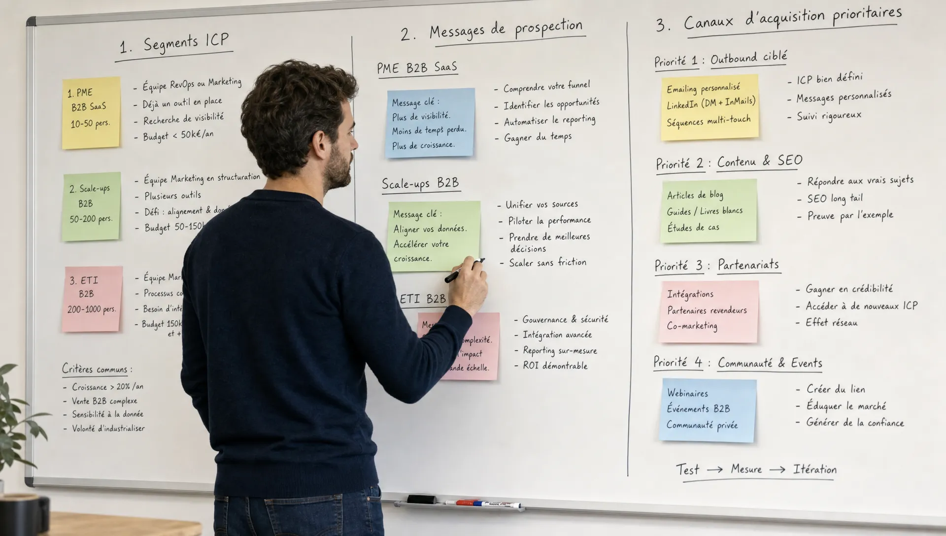 Un fondateur SaaS travaille debout devant un tableau blanc rempli de segments ICP, de messages de prospection et de canaux d’acquisition prioritaires, avec des notes adhésives réparties en colonnes et aucun écran visible.