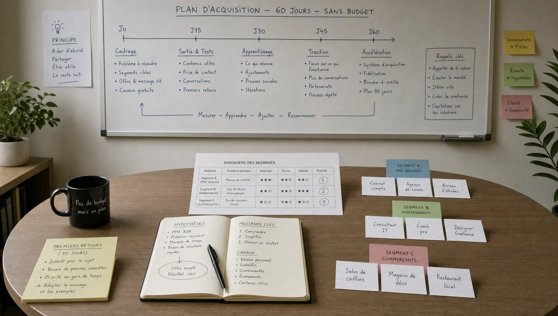 Une scène large en intérieur montrant une petite table de réunion avec un carnet ouvert, une feuille de diagnostic et quelques cartes de prospects réparties en trois groupes distincts, tandis qu’au fond un tableau mural présente une séquence simple en 60 jours avec des flèches et des repères manuscrits. Aucun écran visible, aucune personne visible. L’ensemble doit évoquer la recherche du bon segment, les premiers retours du marché et la construction d’un plan d’acquisition sans budget.