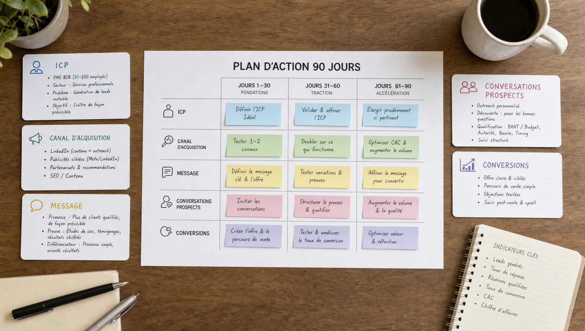 Un tableau de travail avec un calendrier de 90 jours, des cartes pour l’ICP, le canal d’acquisition, le message, les conversations prospects et les conversions, disposés autour d’une feuille de route simple.