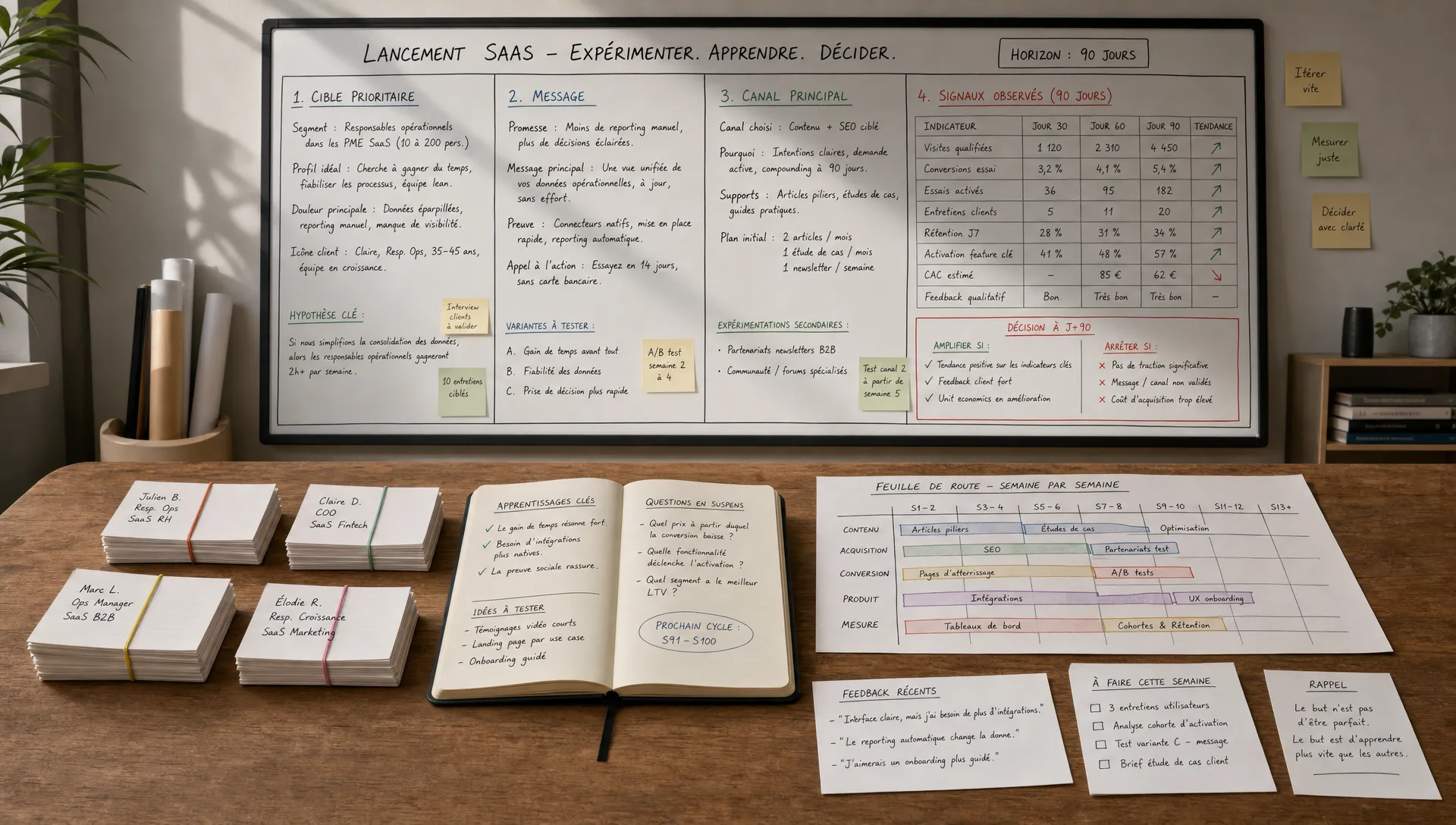 Une scène large en intérieur montrant un espace de travail de lancement SaaS avec un grand tableau de suivi en arrière-plan divisé en quatre zones lisibles : cible prioritaire, message, canal principal et signaux observés sur 90 jours. Au premier plan, une table sobre avec un carnet ouvert, plusieurs cartes de prospects regroupées en petits lots, une feuille de route de semaine en semaine et quelques annotations manuscrites. Aucun écran visible, aucune personne visible. L’ensemble doit évoquer l’itération, la mesure des retours et la décision d’amplifier ou d’arrêter après 90 jours.