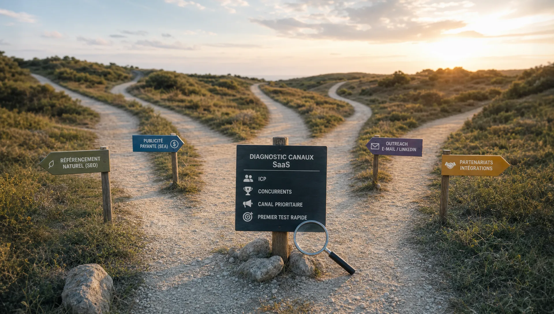Une scène conceptuelle en extérieur montrant un chemin unique qui se divise très tôt en plusieurs directions, avec au centre un petit panneau de diagnostic orienté SaaS, une loupe posée à côté et quelques repères discrets suggérant ICP, concurrents et canal prioritaire. L’environnement ressemble à une bifurcation claire entre plusieurs routes d’acquisition, sans bureau, sans tableau mural et sans personne visible. L’ensemble doit évoquer le choix du premier canal comme une décision structurée et rapide à valider.