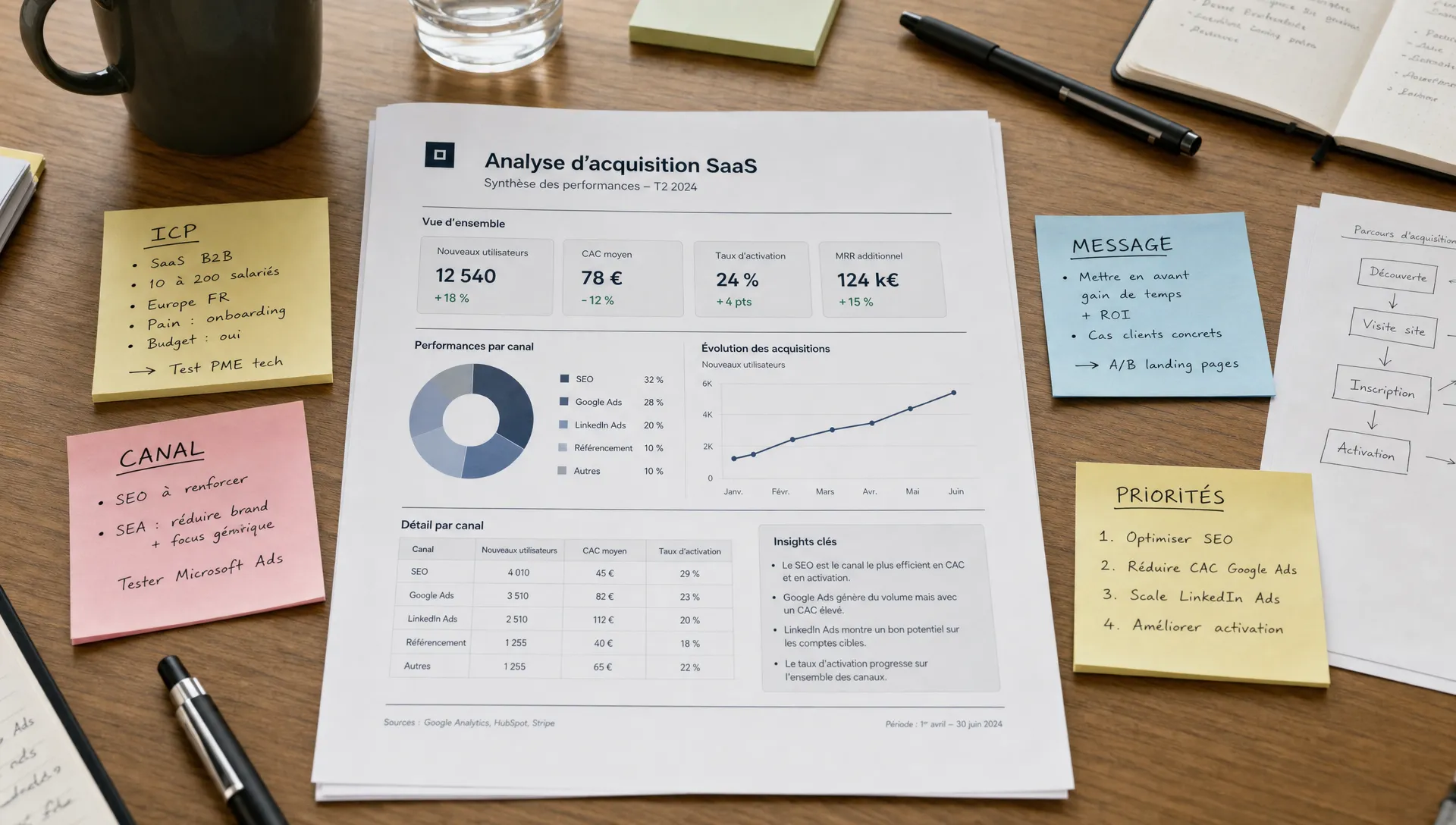 Un rapport papier d’analyse d’acquisition SaaS annoté sur une table de réunion, avec des notes visibles autour de quatre thèmes : ICP, canal, message et priorités.