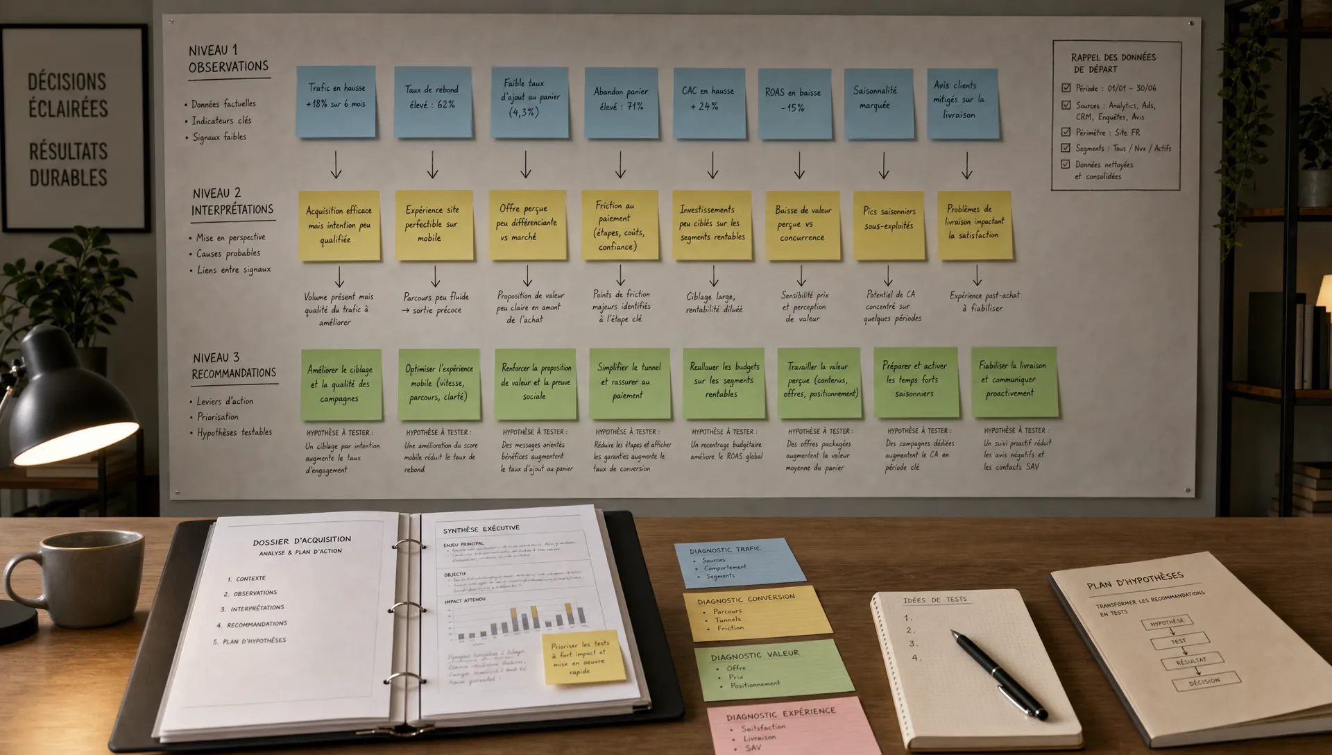 Une scène large en intérieur montrant un espace de réflexion stratégique avec un grand mur ou panneau couvert d’annotations en trois niveaux : observations, interprétations et recommandations, reliés par des flèches simples. Au premier plan, une table sobre avec un dossier ouvert, des fiches de diagnostic, quelques notes et un stylo, sans écran visible ni personne visible. L’ensemble doit évoquer la lecture d’une analyse d’acquisition comme une carte de décision, la vérification des données de départ et la transformation des recommandations en hypothèses testables.