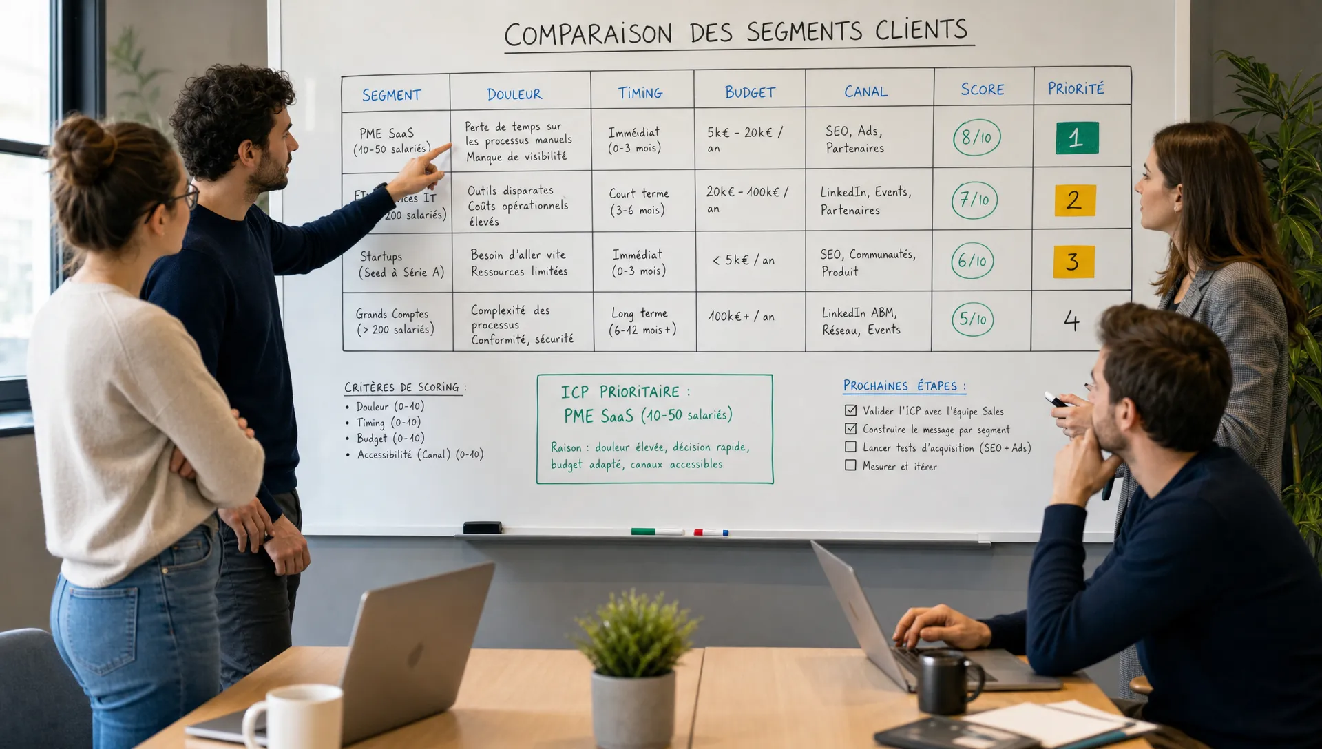 Une équipe SaaS compare des segments clients sur un tableau avec des colonnes douleur, timing, budget et canal, afin de choisir un ICP prioritaire pour son acquisition B2B.