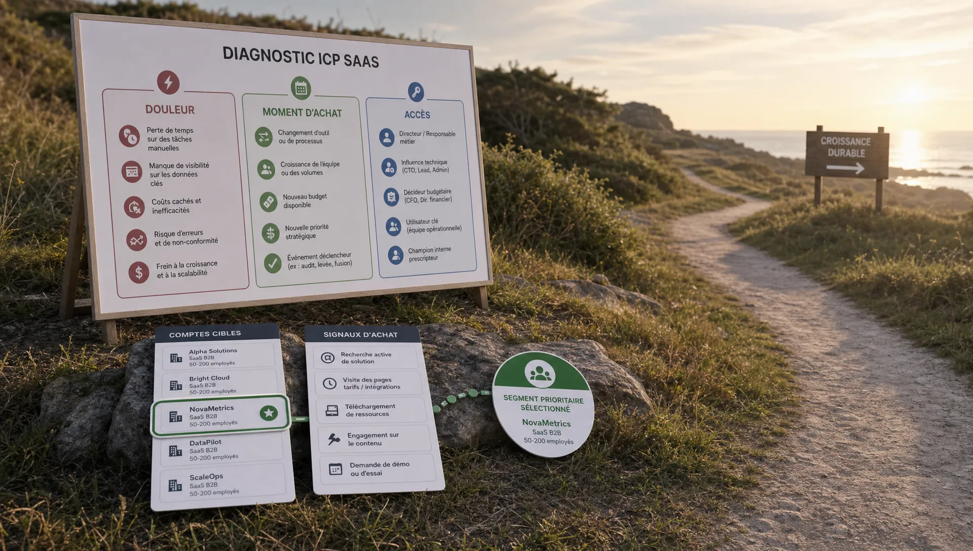 Une scène conceptuelle en extérieur montrant un tableau de diagnostic grand format posé sur un support simple, avec trois zones distinctes lisibles : douleur, moment d’achat et accès. À côté, quelques cartes de comptes et de signaux d’achat sont regroupées autour d’un seul segment mis en évidence, tandis qu’un chemin discret mène vers une destination claire au loin. L’environnement évoque la sélection d’un ICP SaaS prioritaire avant de choisir le canal, sans bureau, sans mur de notes et sans personne visible.