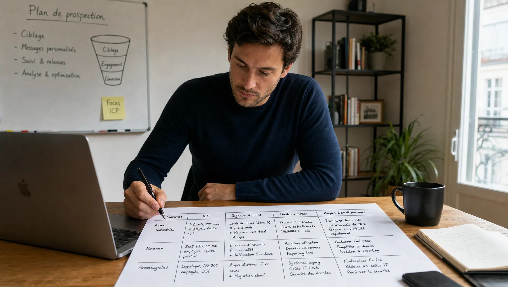 Un fondateur SaaS examine une liste courte de prospects B2B sur une table, avec des notes sur l’ICP, les signaux d’achat, les douleurs métier et les angles d’email possibles avant d’envoyer une campagne de prospection.