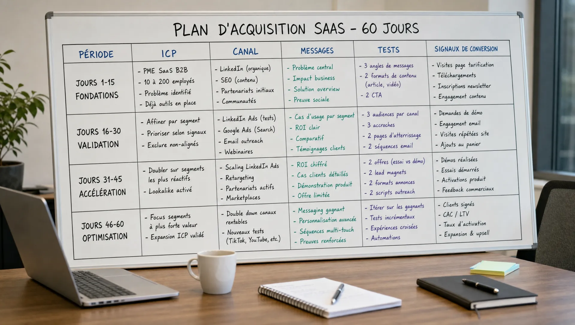 Un tableau de travail sur une table de réunion montrant un plan d’acquisition SaaS sur 60 jours, avec des colonnes pour l’ICP, le canal, les messages, les tests et les signaux de conversion.
