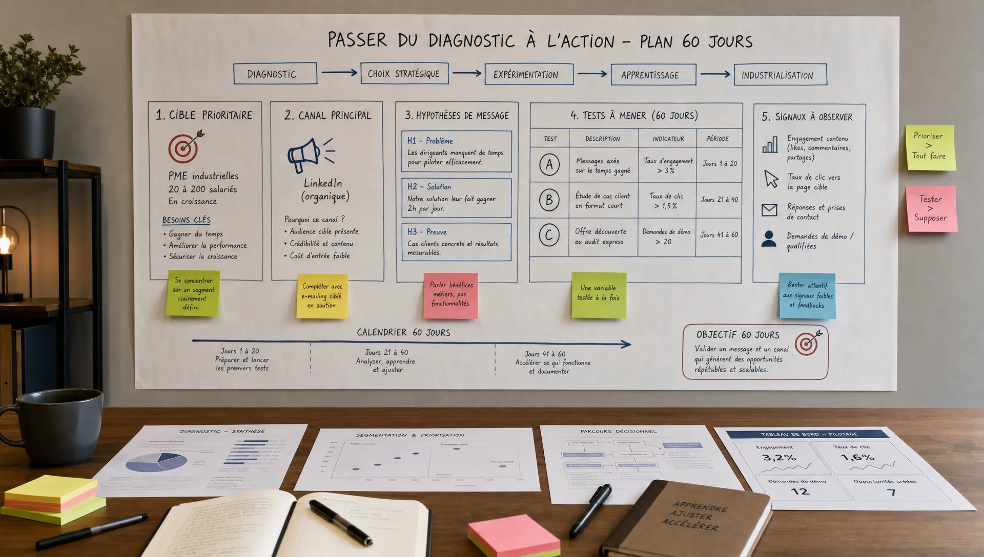 Une scène large en intérieur montrant un espace de travail de stratégie avec un grand tableau mural ou un panneau de papier rempli d’une carte décisionnelle simple : une cible prioritaire, un canal principal, des hypothèses de message, des tests et des signaux à observer. Quelques post-it, un stylo et des documents sont posés sur une table au premier plan. Aucune personne visible. L’ensemble doit évoquer le passage du diagnostic à l’action, la priorisation et le pilotage sur 60 jours.